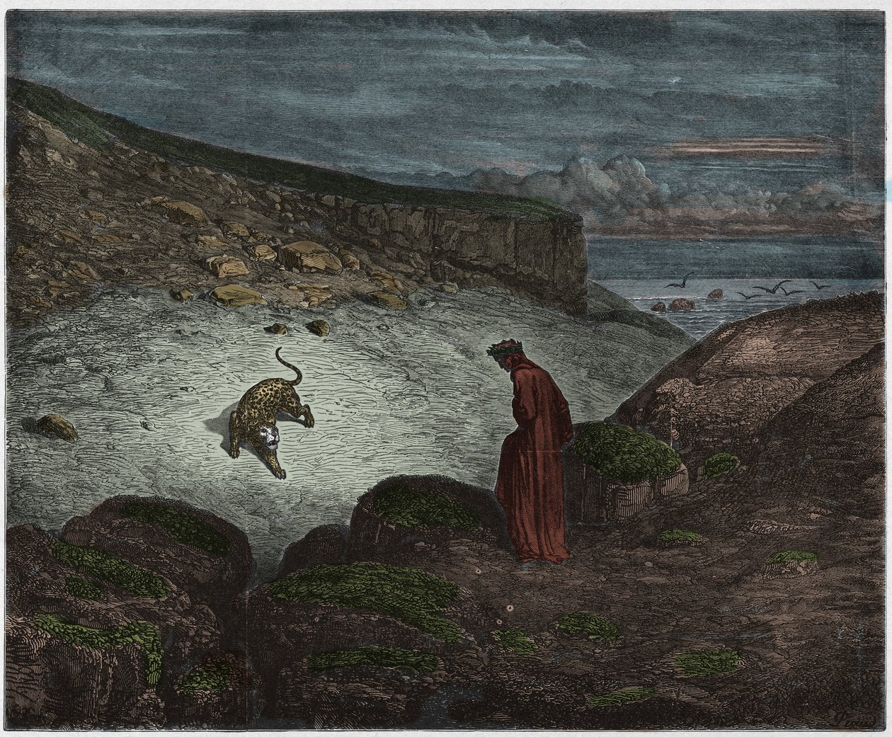 Inferno，Canto 1：上升之初的黑豹，来自Dante Alighieri的The Divine Comedy的插图，1885年（数字彩色雕刻） 作者 古斯塔夫之后多尔