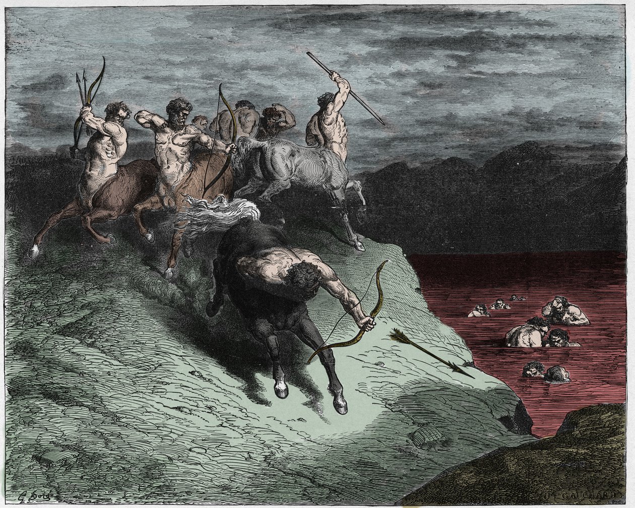Inferno，Canto 12：半人马用沸腾的血液攻击灵魂，插图来自Dante Alighieri的The Divine Comedy，1885年（数字彩色雕刻） 作者 古斯塔夫之后多尔