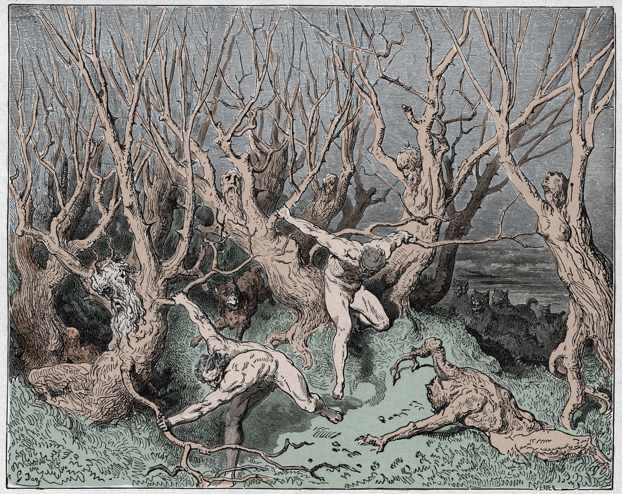 Inferno，Canto 13：自杀逃离森林，1885年Dante Alighieri的“神曲”插图（数字彩色雕刻） 作者 古斯塔夫之后多尔