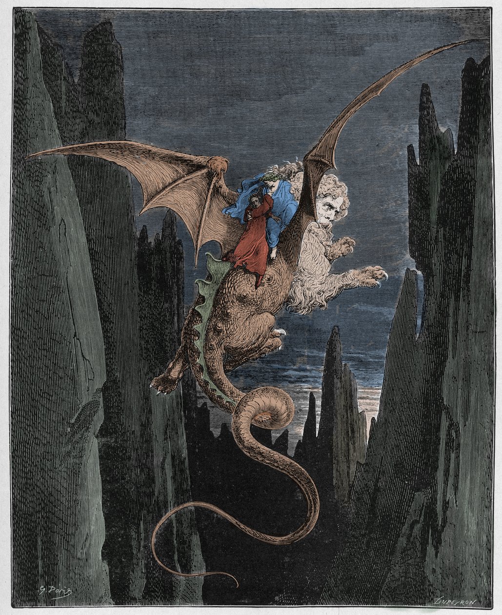 Inferno，Canto 17：从Geryons回到深渊，1885年Dante Alighieri的“神曲”插图（数字彩色雕刻） 作者 古斯塔夫之后多尔
