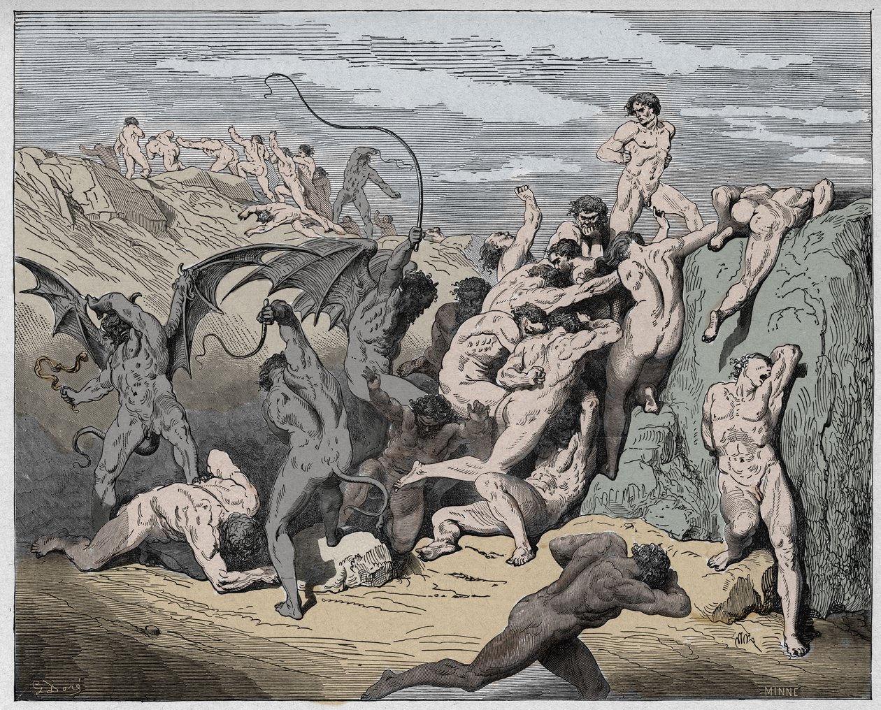 Inferno，Canto 18：魔鬼和诱惑者，来自Dante Alighieri的The Divine Comedy的插图，1885年（数字彩色雕刻） 作者 古斯塔夫之后多尔