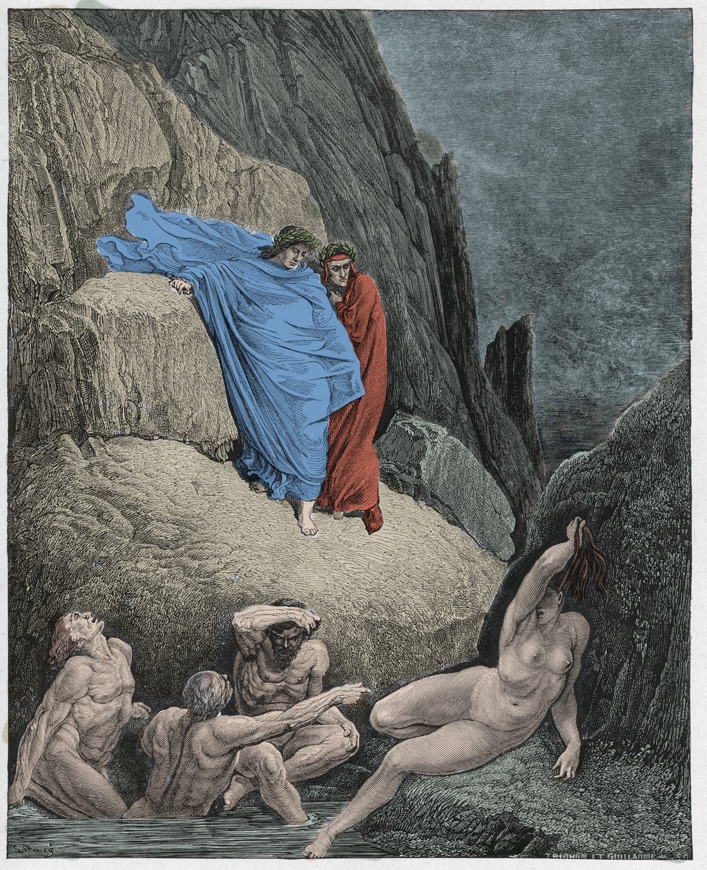 Inferno，Canto 18：Virgil向Dante展示了Thais的阴影，来自The Danine Comedy by Dante Alighieri的插图，1885年（数字彩色雕刻） 作者 古斯塔夫之后多尔