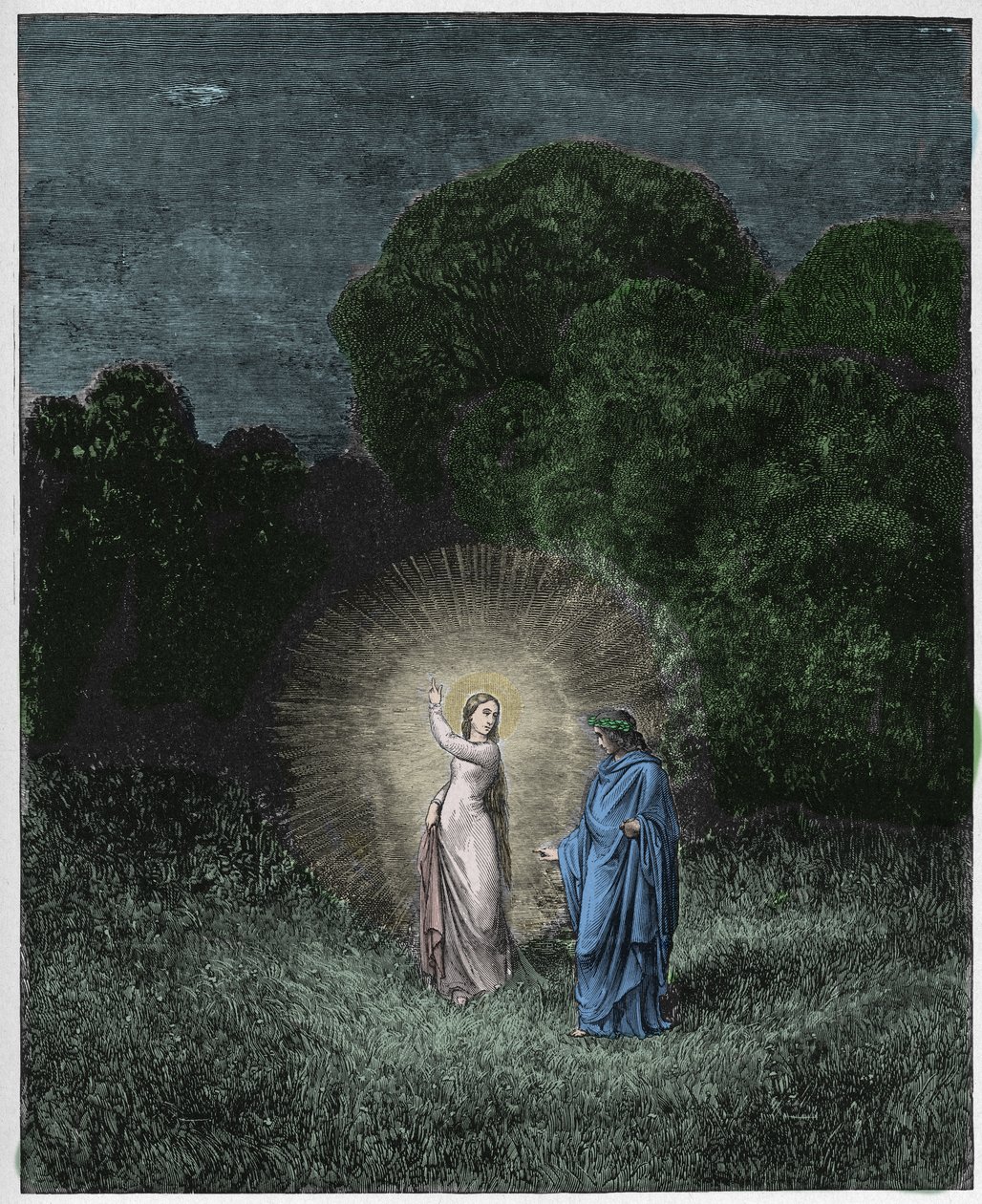 Inferno，Canto 2：Beatrice和Virgil，来自Dante Alighieri的The Divine Comedy的插图，1885年（数字彩色雕刻） 作者 古斯塔夫之后多尔