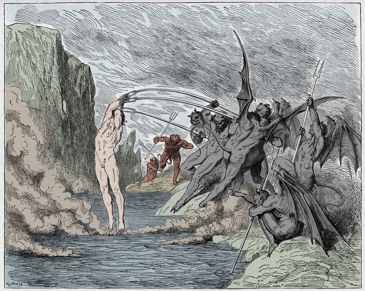 Inferno，Canto 21：恶魔折磨着暴君，来自The Danine Comedy的插图，由Dante Alighieri，1885年（数字彩色雕刻） 作者 古斯塔夫之后多尔