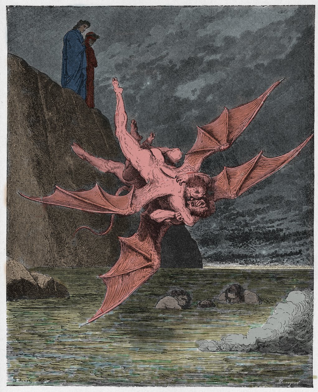 Inferno，Canto 22：Alichino和Calcabrina在球场上方擒抱，来自The Danine Comedy by Dante Alighieri的插图，1885年（数字彩色雕刻） 作者 古斯塔夫之后多尔