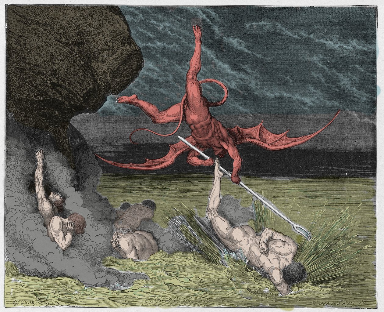 Inferno，Canto 22：Ciampolo在第五次狂暴中逃脱了恶魔Alichino，来自The Danine Comedy by Dante Alighieri的插图，1885年（数字彩色雕刻） 作者 古斯塔夫之后多尔