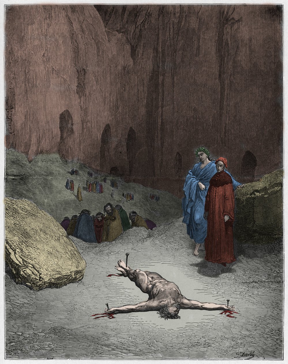 Inferno，Canto 23：伪君子中的被钉十字架的法利赛人，1885年Dante Alighieri的神曲中的插图（数字彩色雕刻） 作者 古斯塔夫之后多尔