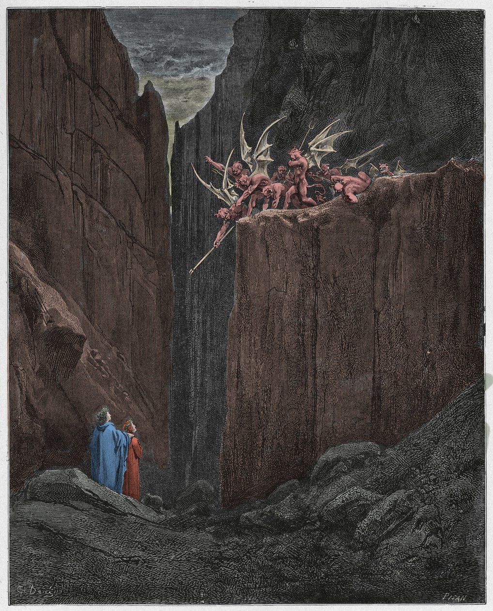 Inferno，Canto 23：诗人逃脱了第五次狂暴的恶魔，来自The Danine Comedy by Dante Alighieri的插图，1885年（数字彩色雕刻） 作者 古斯塔夫之后多尔