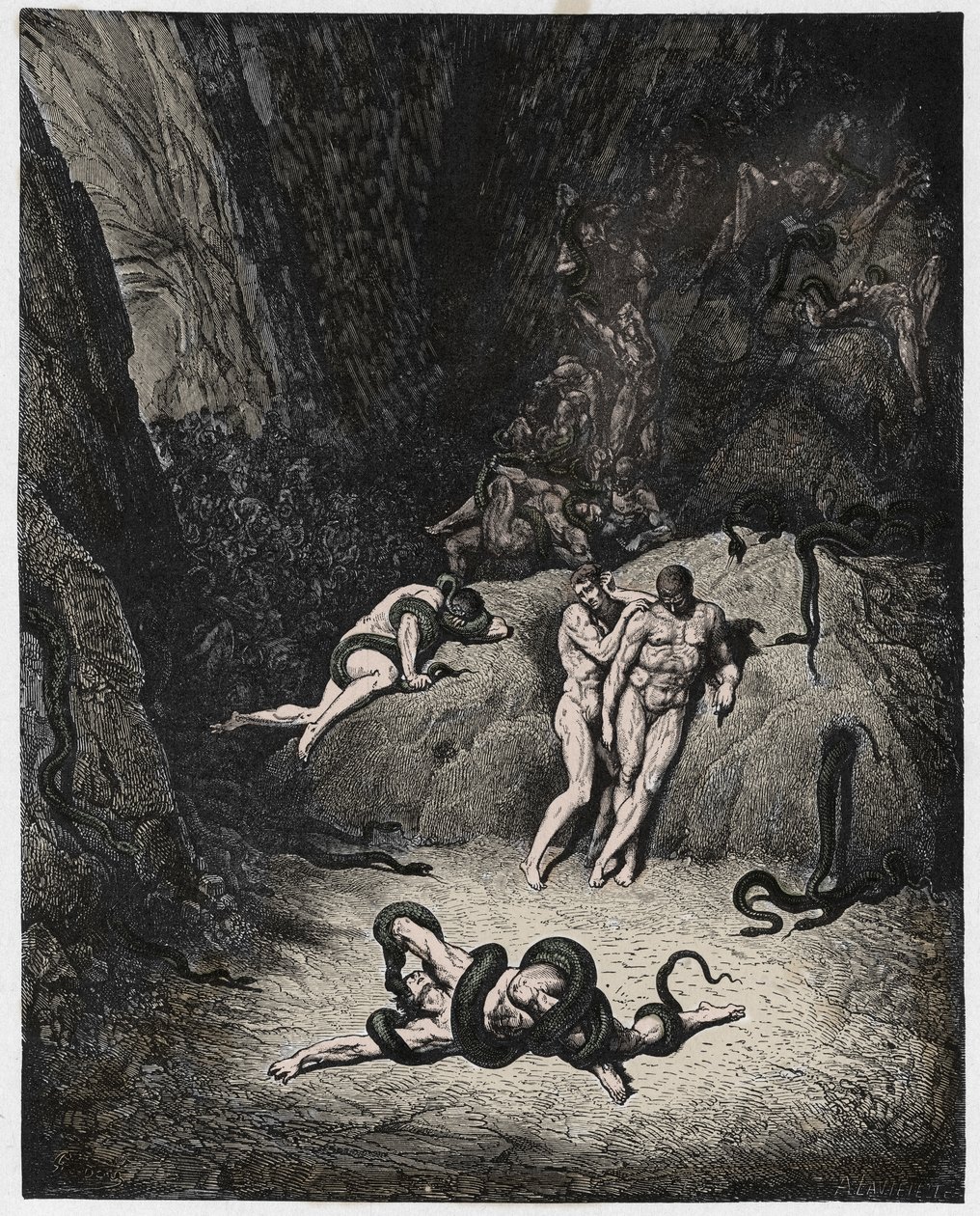 Inferno，Canto 25：Agnello变身为蛇，图片来自Dante Alighieri的The Divine Comedy，1885年（数字彩色雕刻） 作者 古斯塔夫之后多尔
