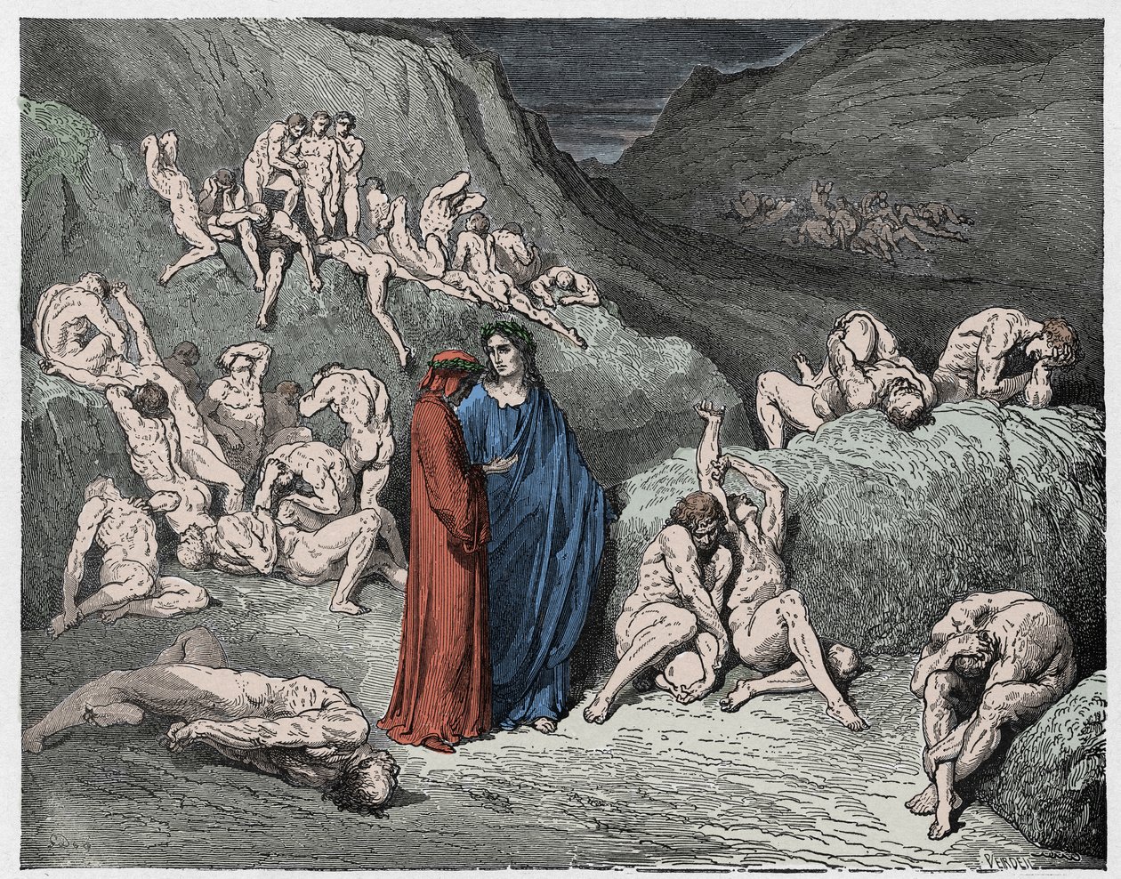 Inferno，Canto 29：伪造者和伪造者用瘙痒折磨，来自The Danine Comedy by Dante Alighieri的插图，1885年（数字彩色雕刻） 作者 古斯塔夫之后多尔
