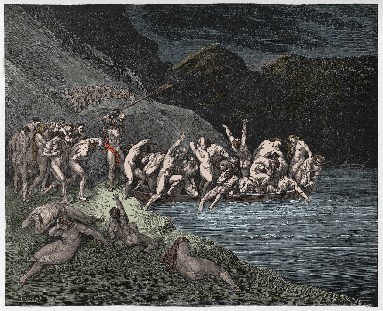 Inferno，Canto 3：1885年Dante Alighieri的The Divine Comedy插图中的注定灵魂开始穿越Acheron（数字彩色雕刻） 作者 古斯塔夫之后多尔