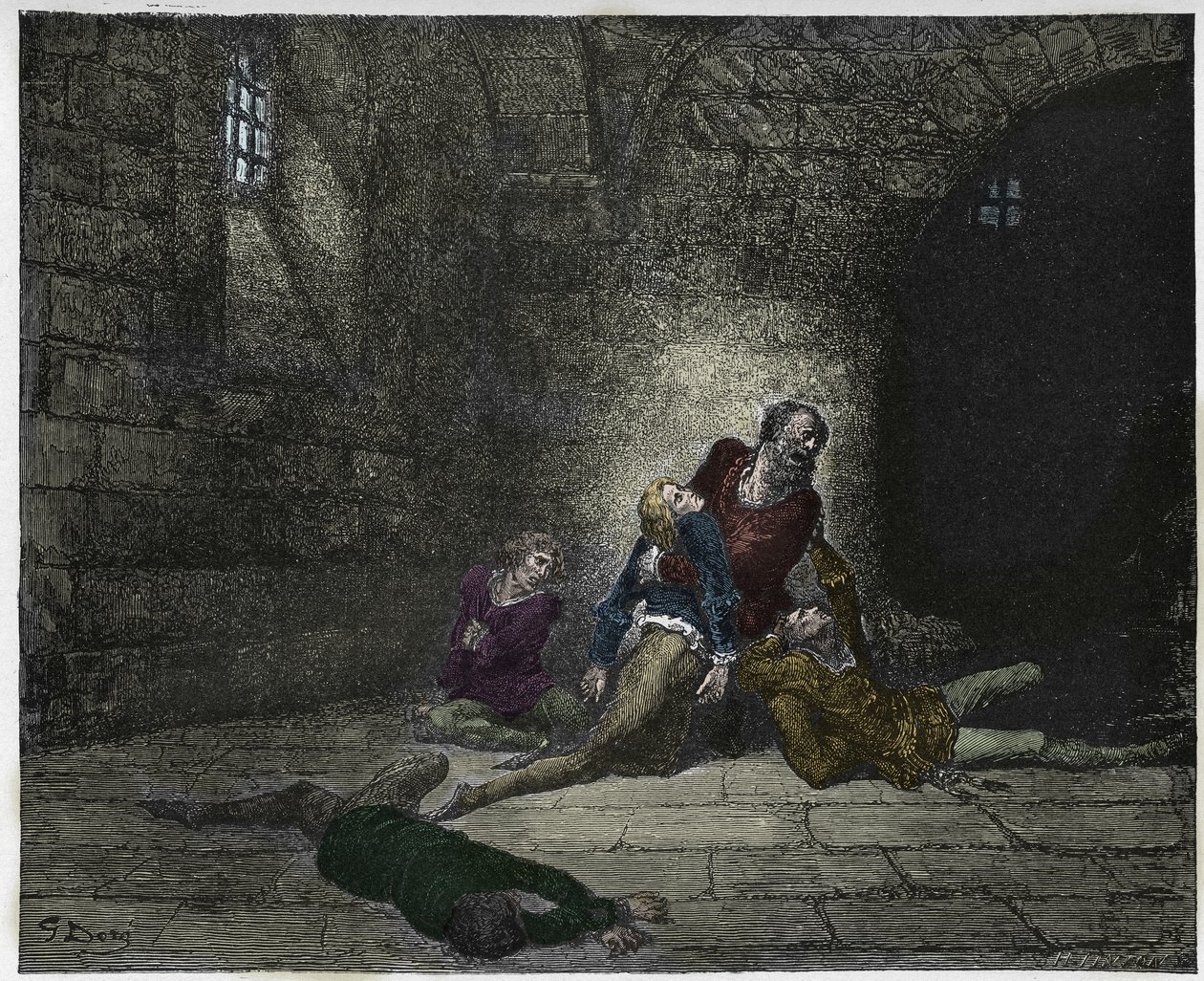 Inferno，Canto 33：Gaddo在他父亲的眼前死去（Ugolin（Ugolino）della Gherardesca），来自Dante Alighieri的The Divine Comedy的插图，1885年（数字彩色雕刻） 作者 古斯塔夫之后多尔
