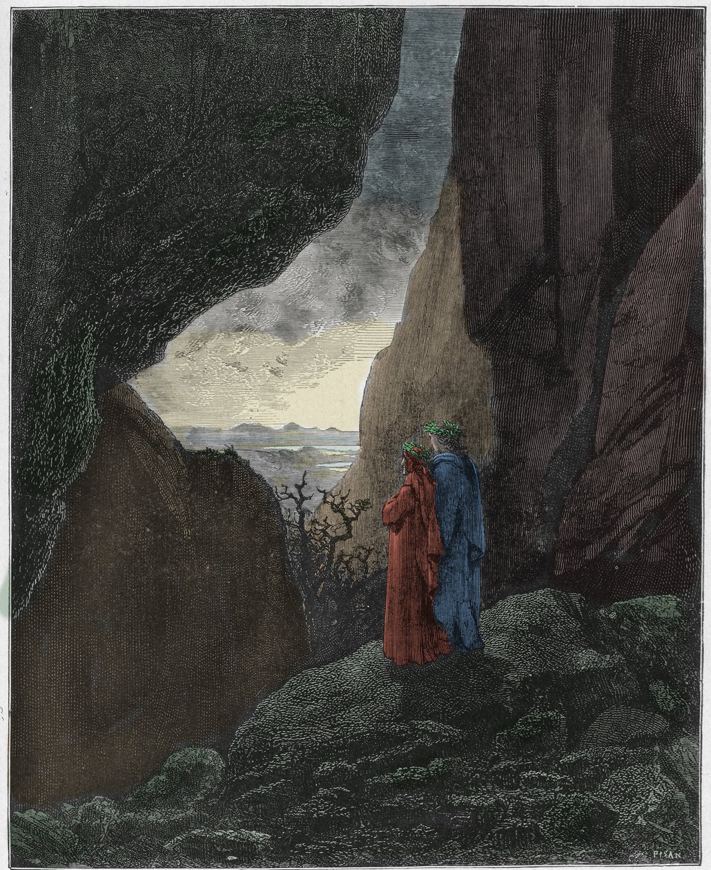 Inferno，Canto 34：Virgil和Dante登上上层世界，来自Dante Alighieri的The Divine Comedy插图，1885年（数字彩色雕刻） 作者 古斯塔夫之后多尔