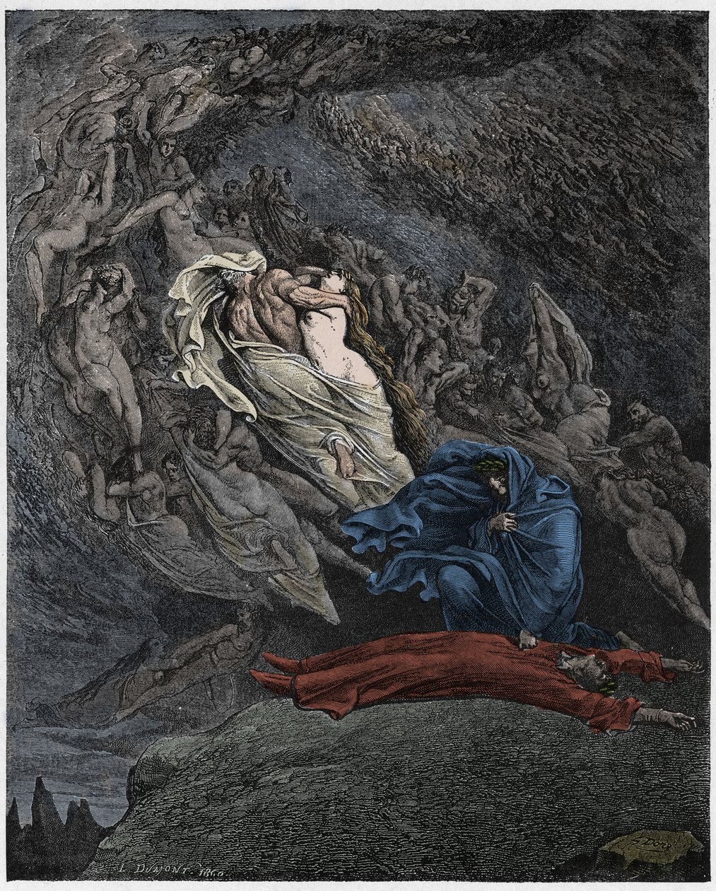 Inferno，Canto 5：Francesca Da Rimini描述了她的死亡，来自Dante Alighieri的The Divine Comedy的插图，1885年（数字彩色雕刻） 作者 古斯塔夫之后多尔