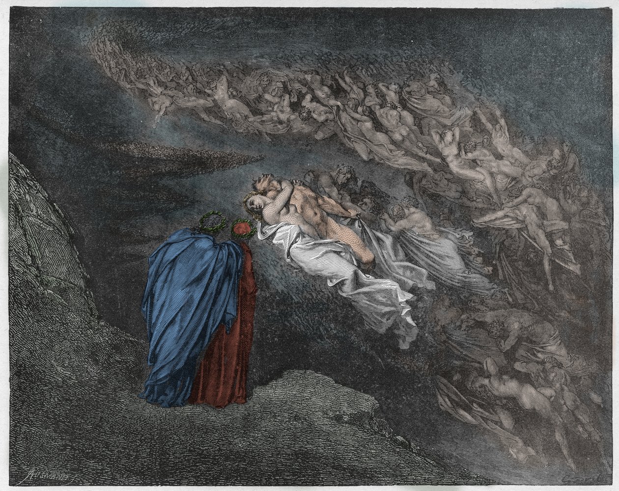 Inferno，Canto 5：Francesca Da Rimini的灵魂与Dante交谈，来自Dante Alighieri的The Divine Comedy插图，1885年（数字彩色雕刻） 作者 古斯塔夫之后多尔