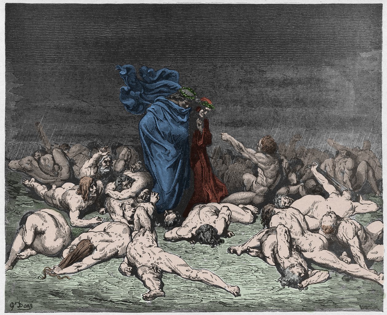 Inferno，Canto 6：由永恒的雨打击的暴食，来自The Danine Comedy的插图，由Dante Alighieri，1885年（数字彩色雕刻） 作者 古斯塔夫之后多尔