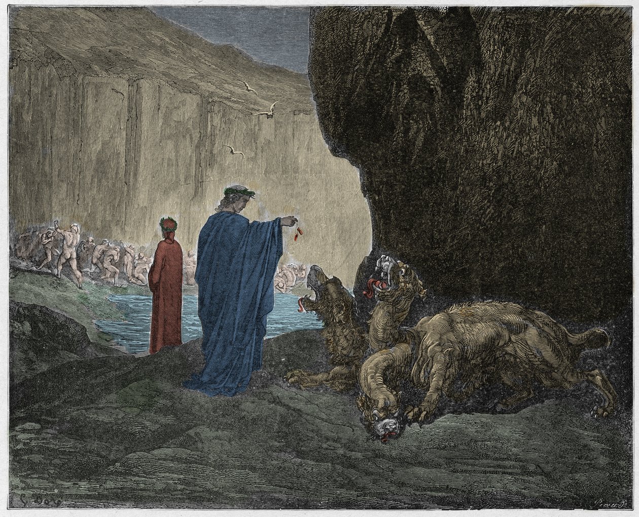 Inferno，Canto 6：Virgil在第三个圆圈中喂食Cerberus（Cerbere），插图来自Dante Alighieri的The Divine Comedy，1885年（数字彩色雕刻） 作者 古斯塔夫之后多尔