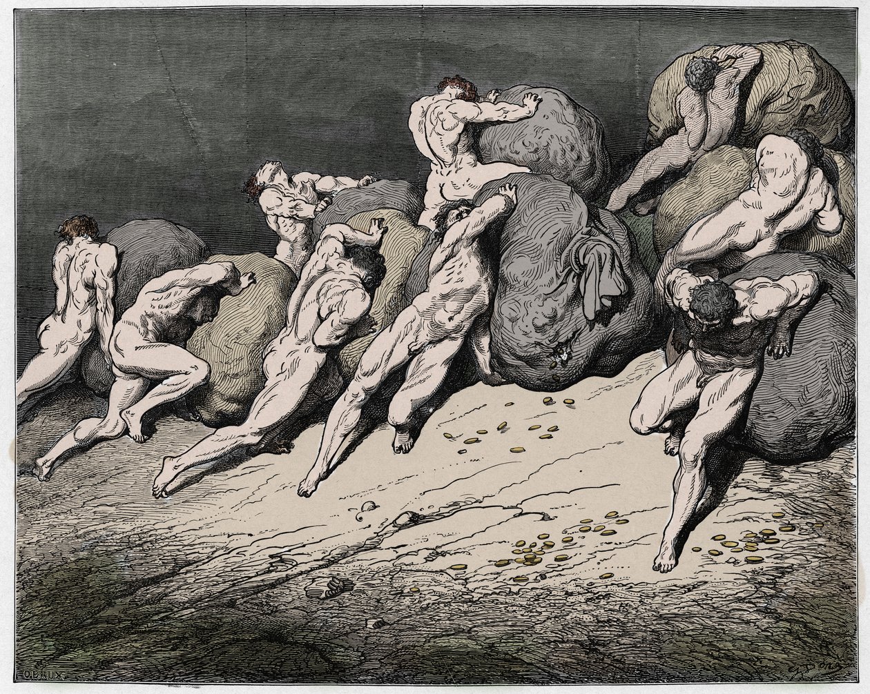 Inferno，Canto 7：贪婪和浪子的灵魂被迫滚动沉重的石头，插图来自The Danine Comedy by Dante Alighieri，1885年（数字彩色雕刻） 作者 古斯塔夫之后多尔