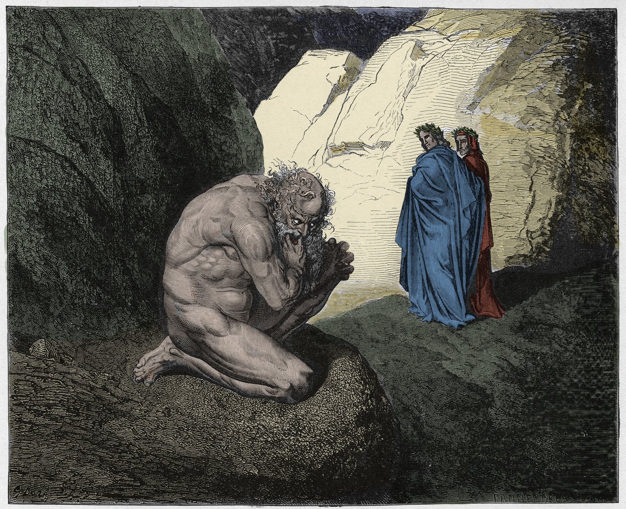 Inferno，Canto 7：Virgil在第四个圆圈的入口处斥责Plutus（Ploutos），插图来自The Danine Comedy by Dante Alighieri，1885年（数字彩色雕刻） 作者 古斯塔夫之后多尔