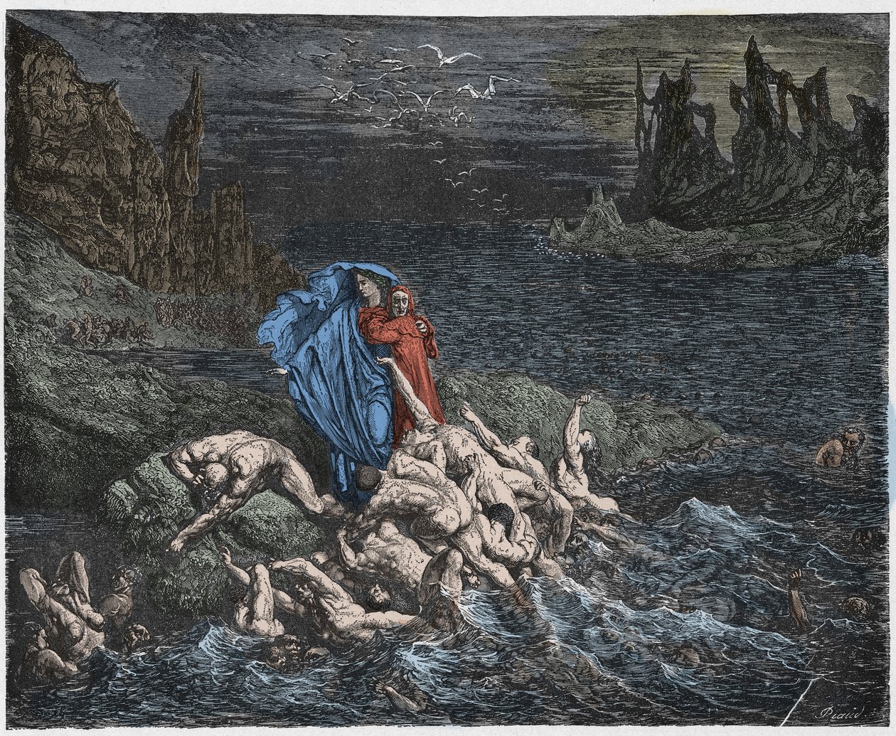 Inferno，Canto 7：Virgil向Dante展示了Styx中愤怒的灵魂，来自The Danine Comedy by Dante Alighieri的插图，1885年（数字彩色雕刻） 作者 古斯塔夫之后多尔
