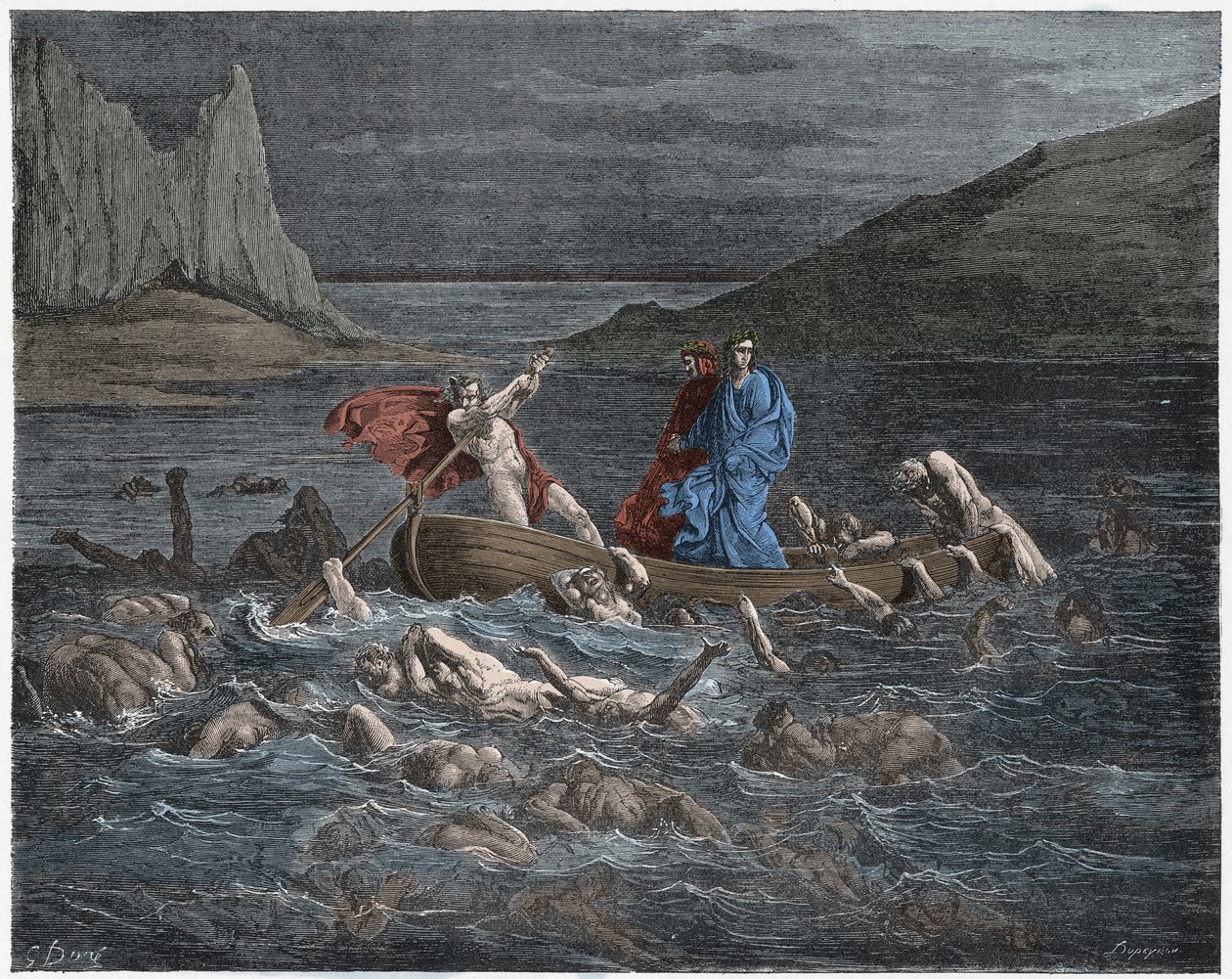 Inferno，Canto 8：Phlegyas（Phlegias）渡过Dante和Virgil穿过Styx，来自The Danine Comedy的插图，由Dante Alighieri，1885年（数字彩色雕刻） 作者 古斯塔夫之后多尔