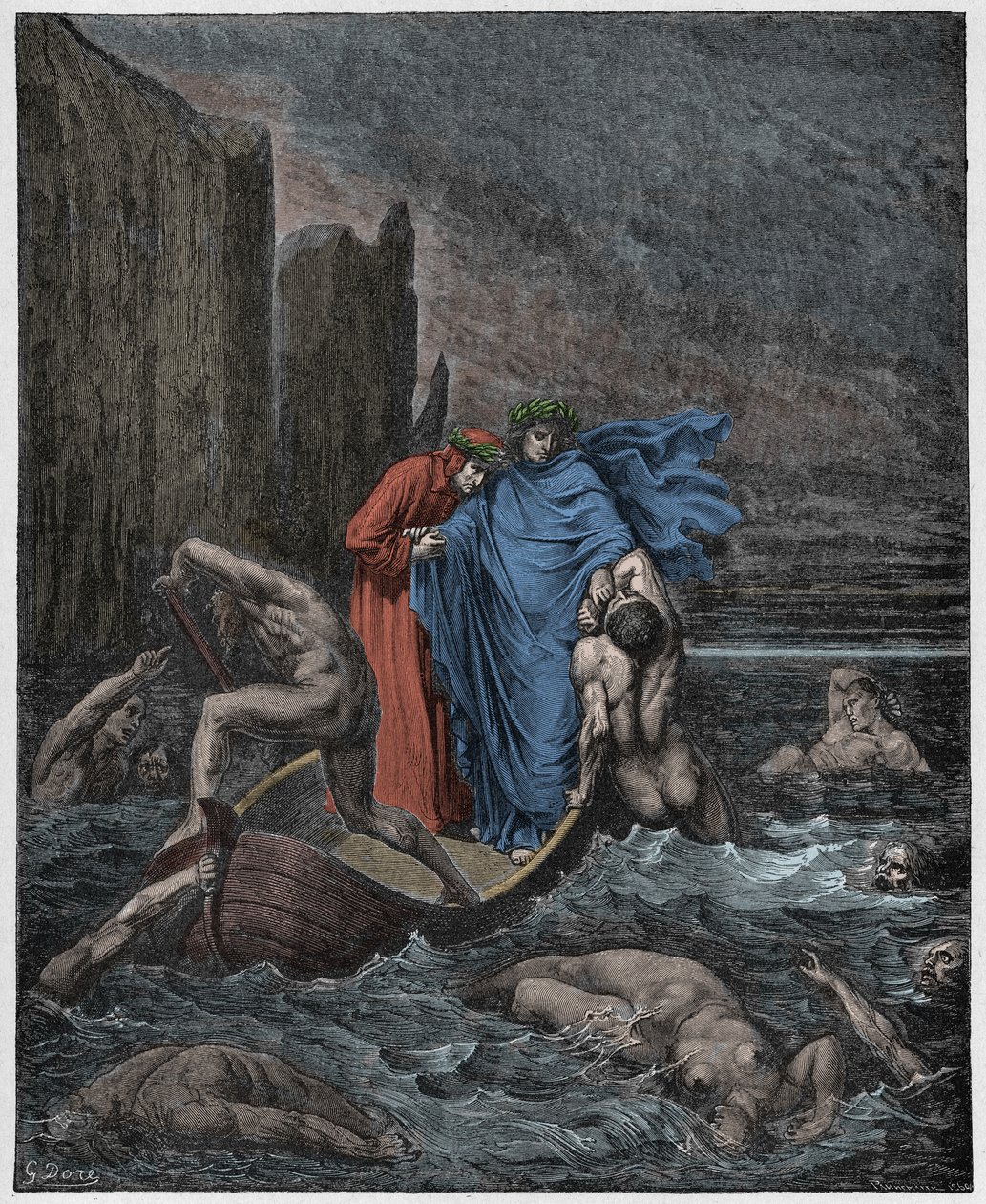 Inferno，Canto 8：佛罗伦萨的菲利普·阿根蒂（Filippo Argenti）的灵魂与冥河诗人搭讪，1885年Dante Alighieri的“神曲”中的插图（数字彩色版画） 作者 古斯塔夫之后多尔