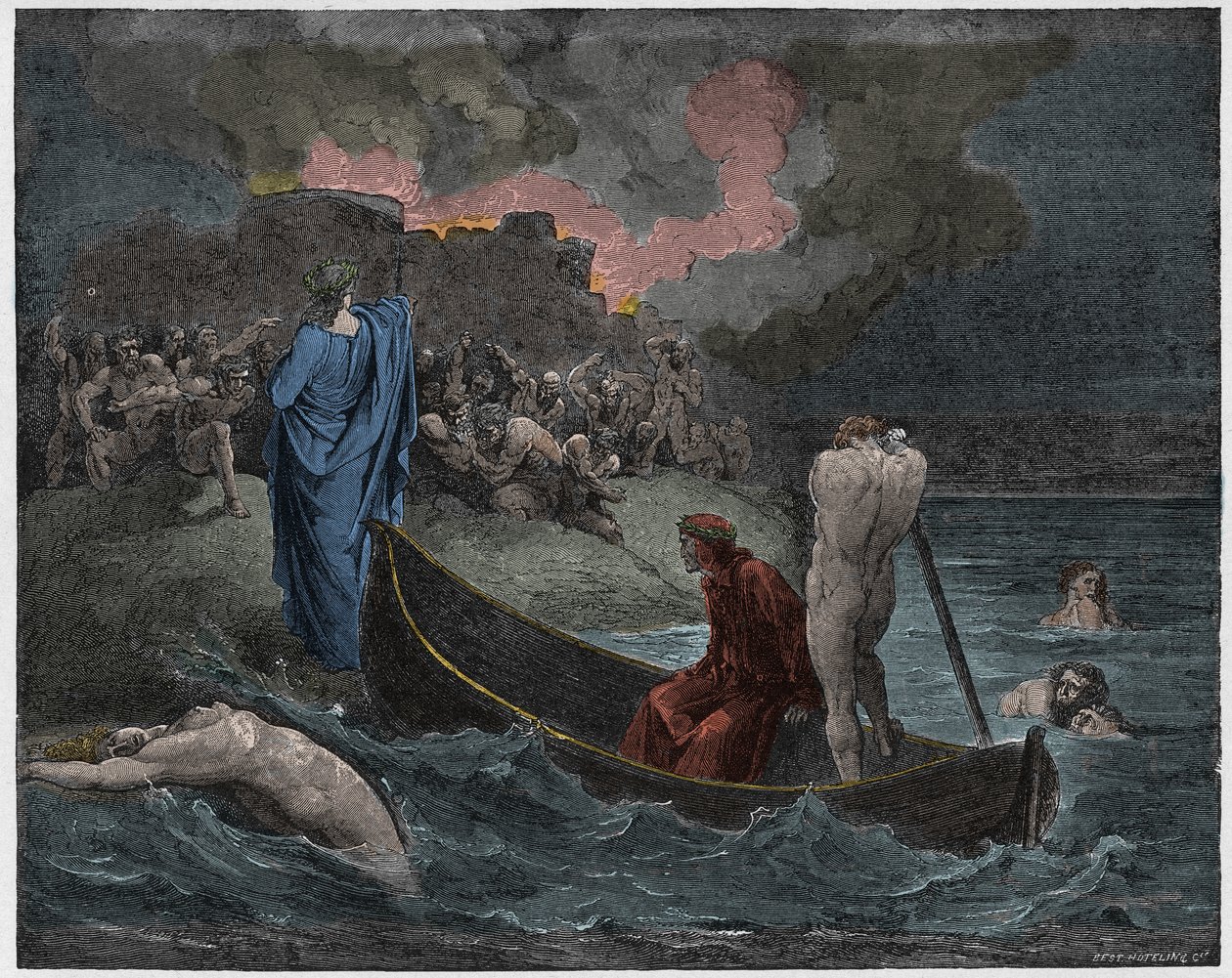 Inferno，Canto 8：Virgil和Dante在Dis（Dite）的城堡下船，插图来自Dante Alighieri的The Divine Comedy，1885年（数字彩色雕刻） 作者 古斯塔夫之后多尔