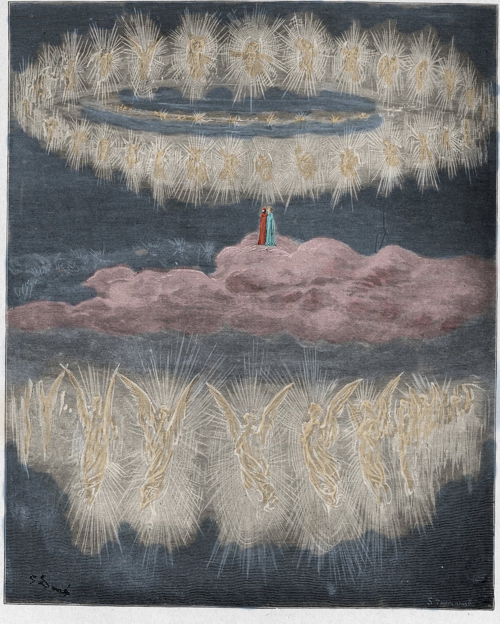 Paradiso，Canto 12：在阳光下荣耀的灵魂之戒，来自The Danine Comedy的插图，由Dante Alighieri，1885年（数字彩色雕刻） 作者 古斯塔夫之后多尔