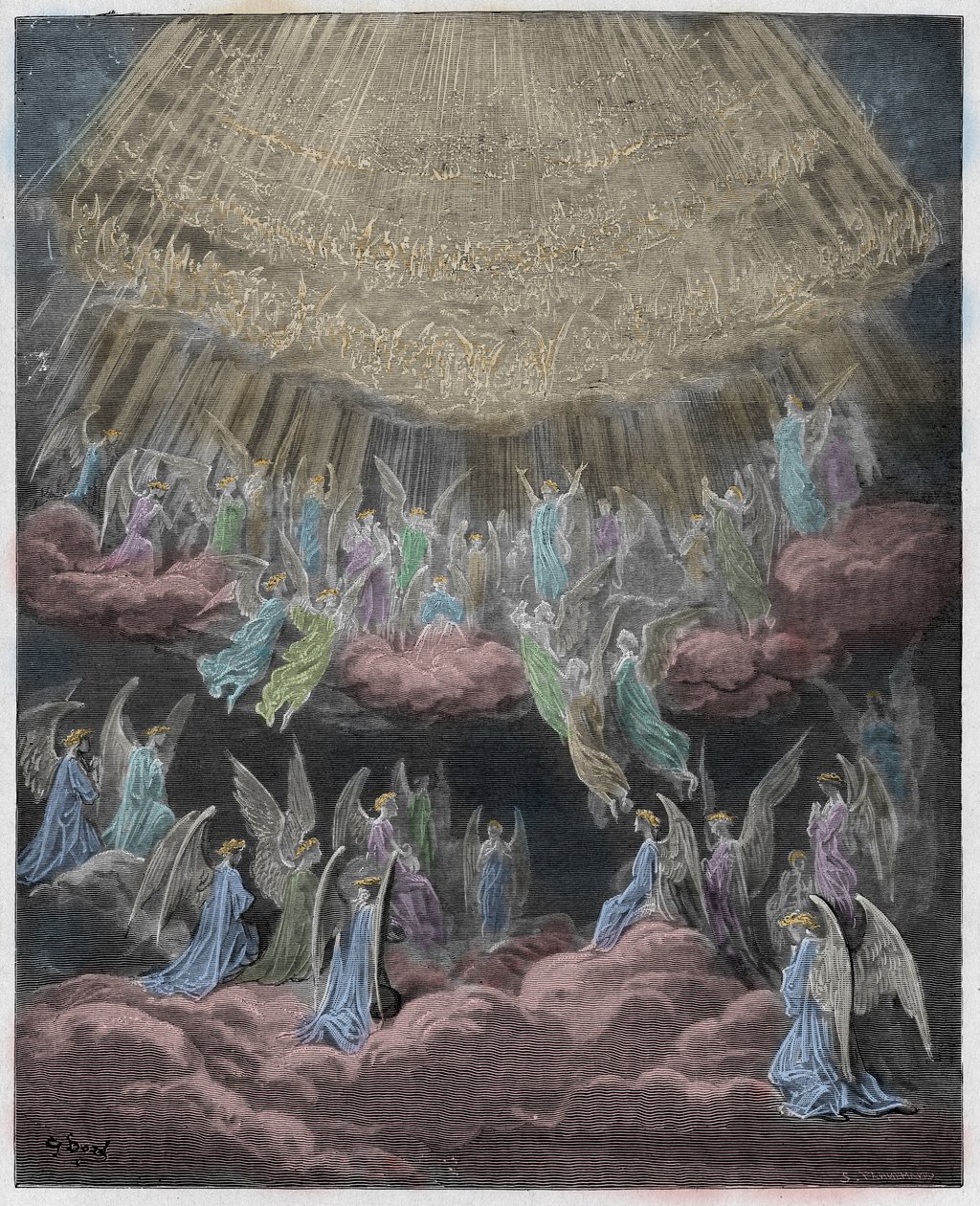 Paradiso，Canto 27：天堂主持人歌唱Gloria In Excelsis Deo，插图来自神圣喜剧Dante Alighieri，1885年（数字彩色雕刻） 作者 古斯塔夫之后多尔