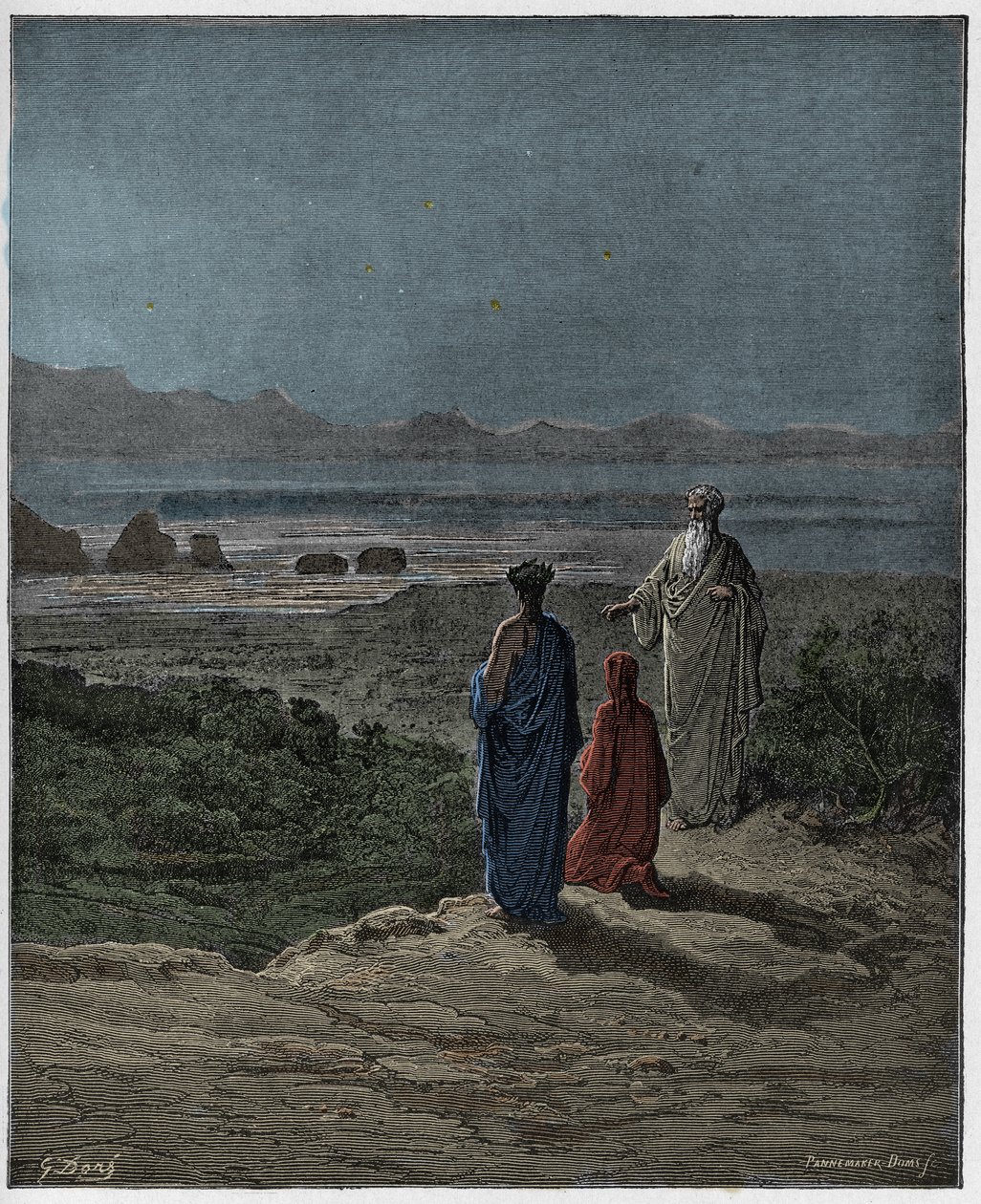 Purgatorio，Canto 1：Dante在Statius（Stace）之前跪下，来自Dante Alighieri的The Divine Comedy的插图，1885年（数字彩色雕刻） 作者 古斯塔夫之后多尔