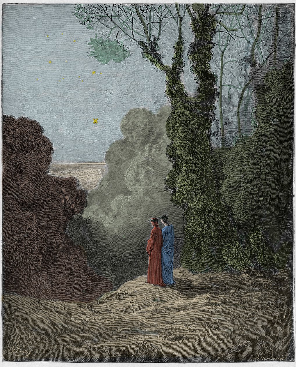 Purgatorio，Canto 1：诗人在早晨的天空中看到了金星的美丽，来自The Danine Comedy的插图，由Dante Alighieri，1885年（数字彩色雕刻） 作者 古斯塔夫之后多尔