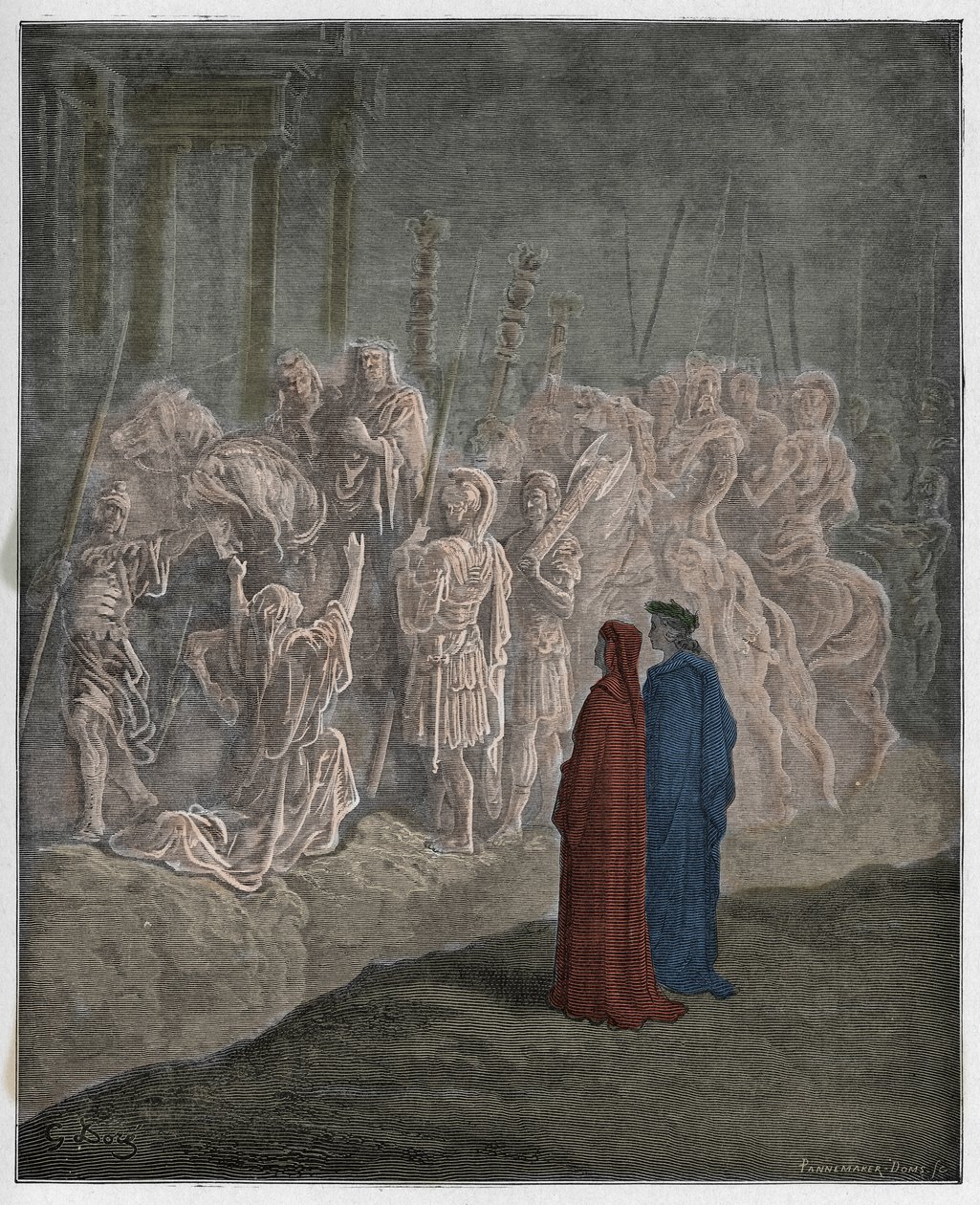 Purgatorio，Canto 10：描绘骄傲的大理石雕塑，来自The Danine Comedy by Dante Alighieri的插图，1885年（数字彩色雕刻） 作者 古斯塔夫之后多尔