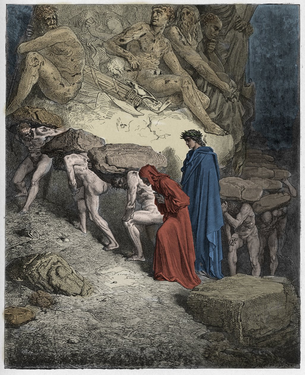 Purgatorio，Canto 11：骄傲的承载沉重的石头的灵魂，来自Dante Alighieri的The Divine Comedy的插图，1885年（数字彩色雕刻） 作者 古斯塔夫之后多尔