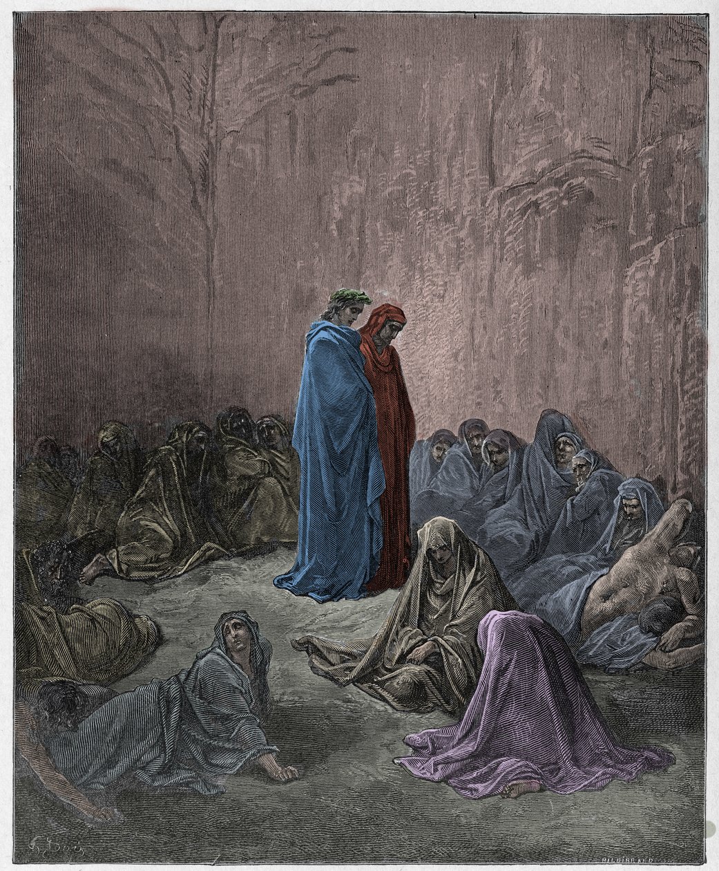 Purgatorio，Canto 13：1885年Dante Alighieri的The Divine Comedy插图中的羡慕灵魂（数字彩色雕刻） 作者 古斯塔夫之后多尔