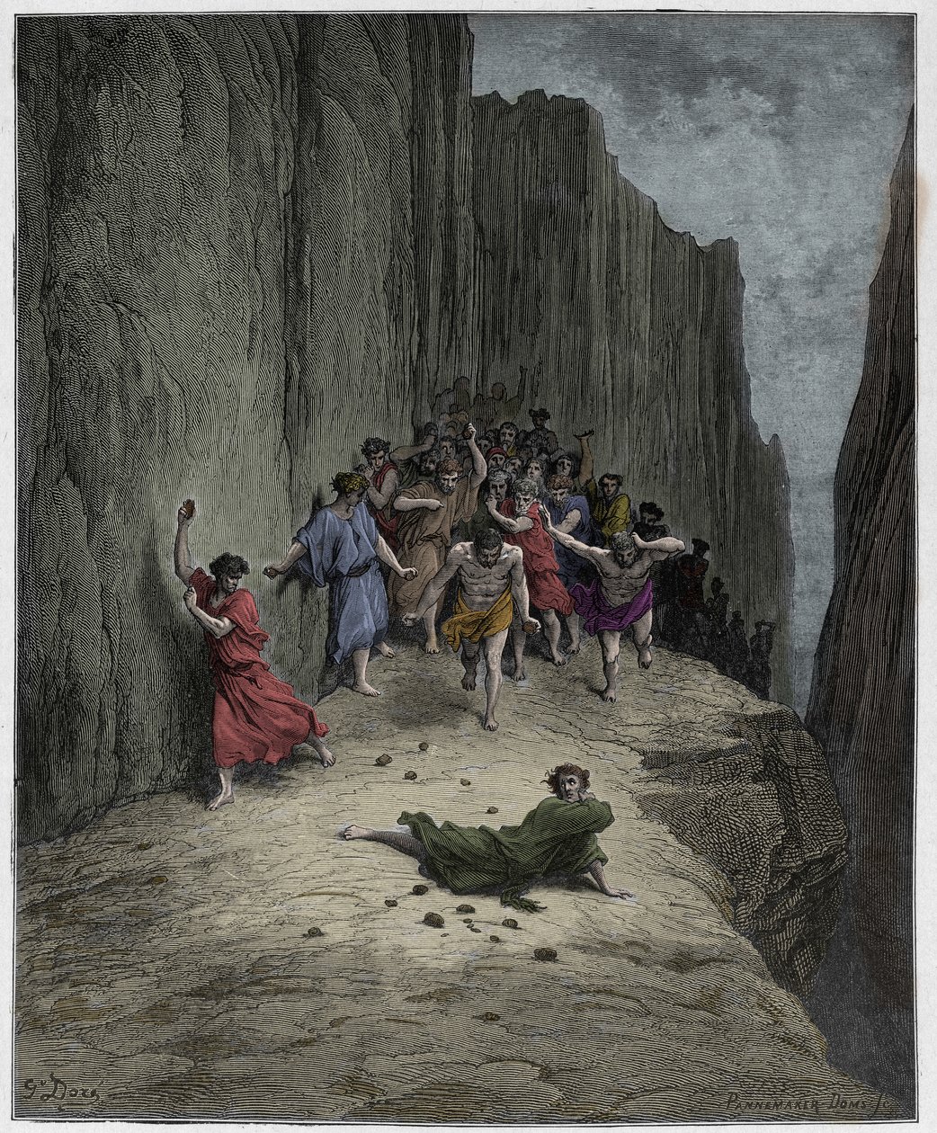 Purgatorio，Canto 15：唐太斯对斯蒂芬（圣艾蒂安）石刑的看法，来自The Danine Comedy的插图，由Dante Alighieri，1885年（数字彩色雕刻） 作者 古斯塔夫之后多尔