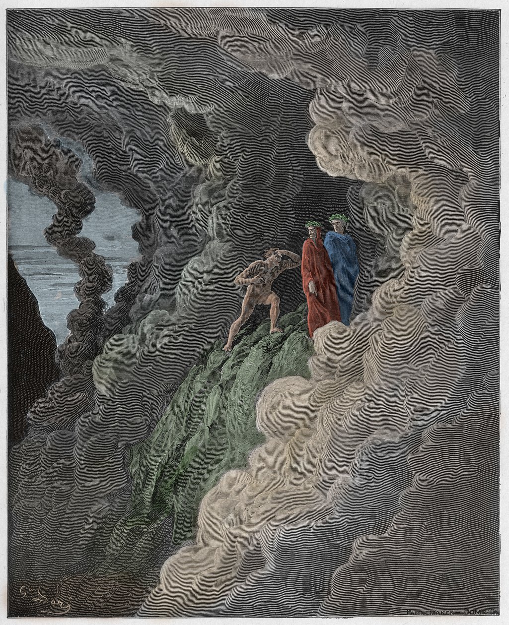 Purgatorio，Canto 16：Marco Lombardo跟随诗人穿越烟雾，来自The Danine Comedy by Dante Alighieri的插图，1885年（数字彩色雕刻） 作者 古斯塔夫之后多尔