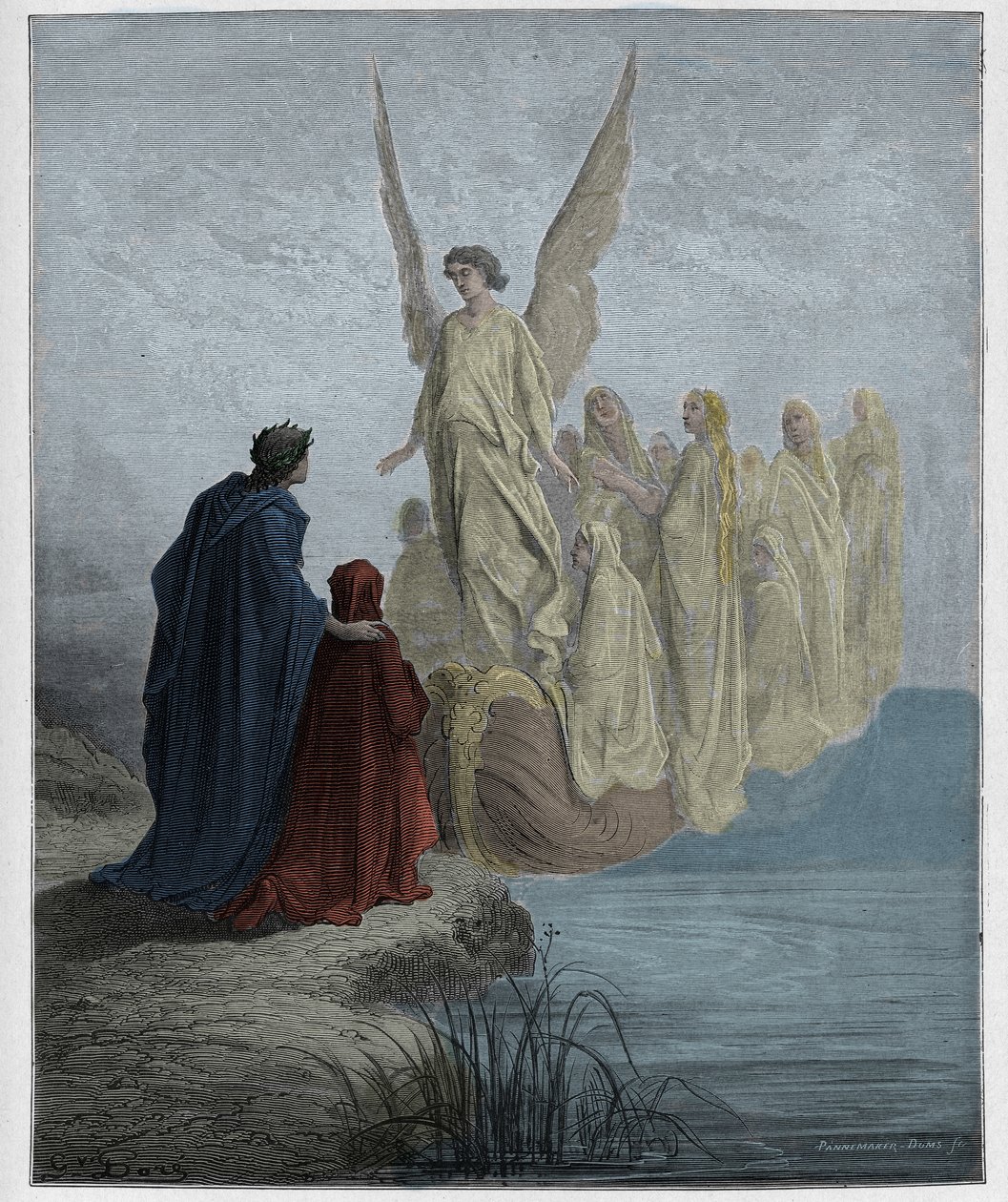 Purgatorio，Canto 2：天体飞行员降落船，插图来自The Danine Comedy by Dante Alighieri，1885年（数字彩色雕刻） 作者 古斯塔夫之后多尔