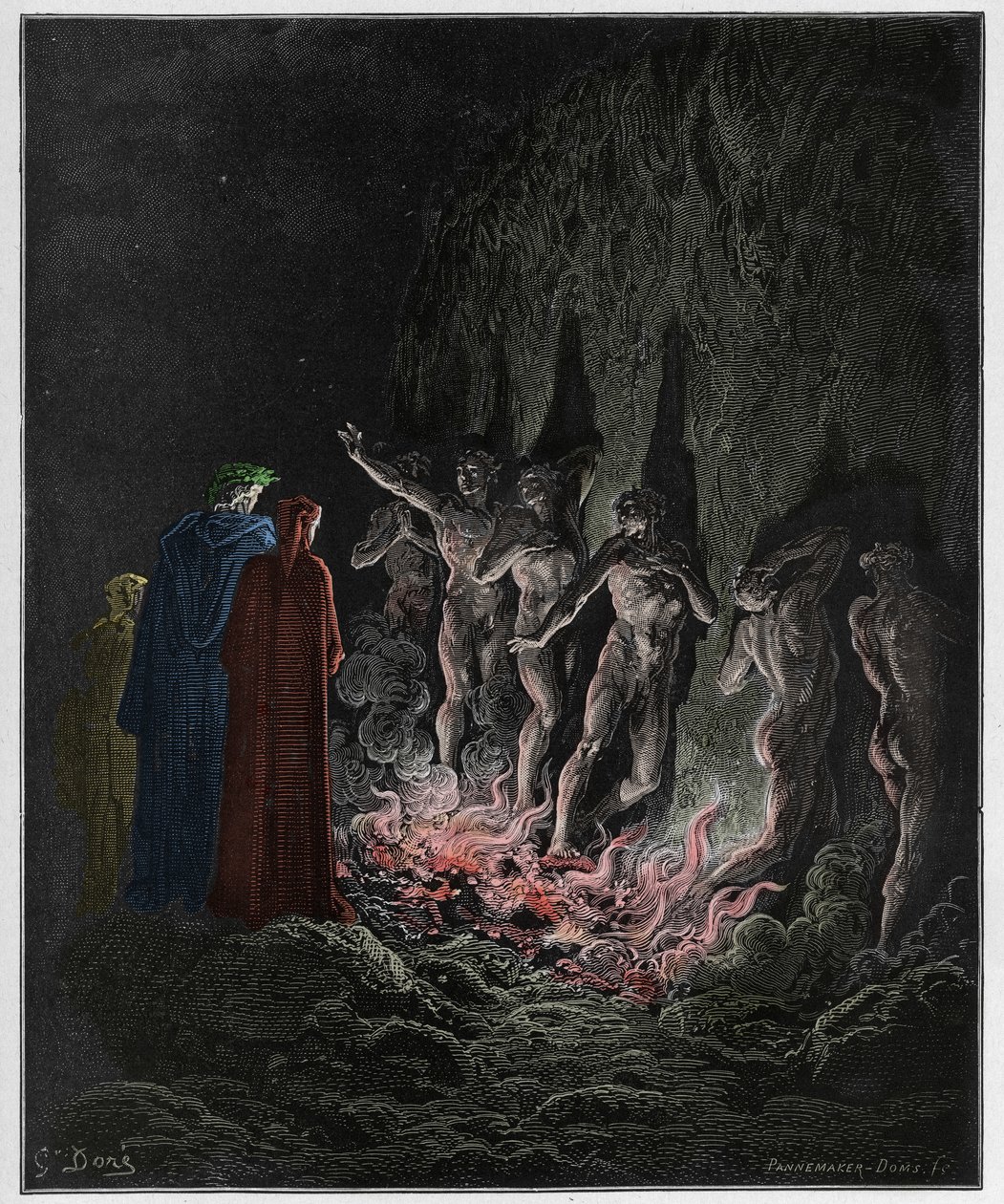 Purgatorio，Canto 25：第七圈中的淫荡穿越火焰，来自The Danine Comedy的插图，由Dante Alighieri，1885年（数字彩色雕刻） 作者 古斯塔夫之后多尔