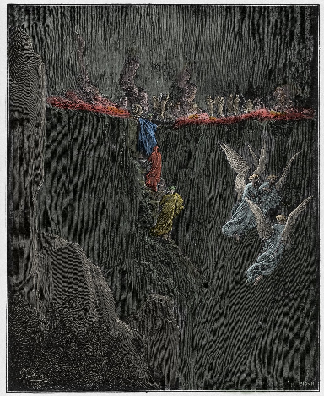 Purgatorio，Canto 25：Virgil和Dante通过火焰登上第七个圆圈，来自Dante Alighieri的The Divine Comedy插图，1885年（数字彩色雕刻） 作者 古斯塔夫之后多尔