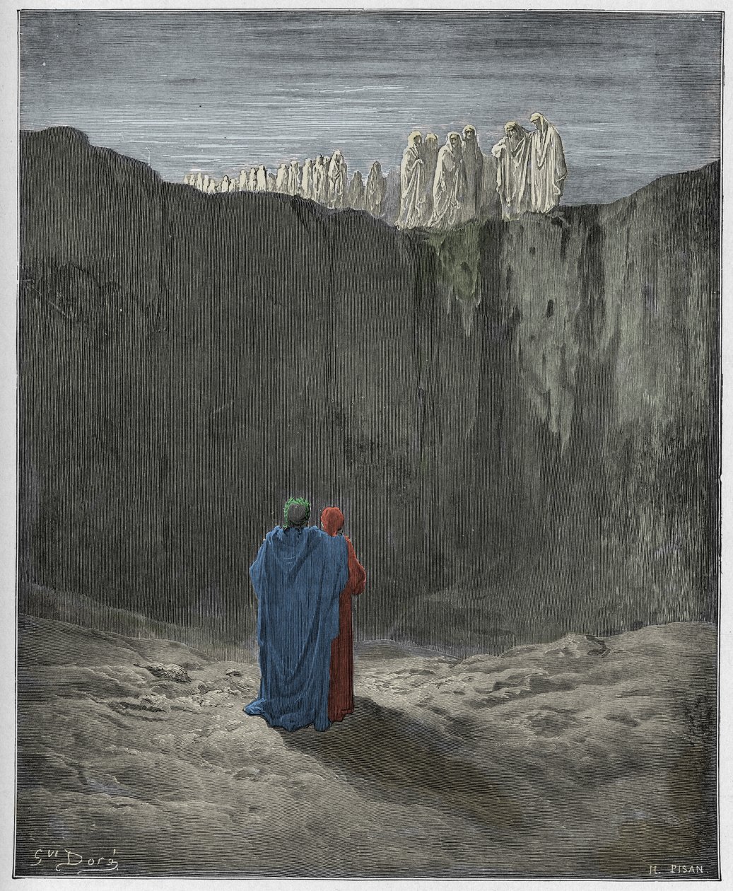 Purgatorio，Canto 3：灵魂在悬崖上的公司，来自The Danine Comedy的插图Dante Alighieri，1885年（数字彩色雕刻） 作者 古斯塔夫之后多尔