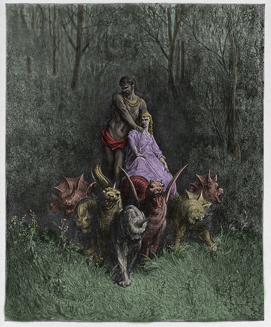 Purgatorio，Canto 32：战车中的巨人和妓女，来自The Danine Comedy by Dante Alighieri的插图，1885年（数字彩色雕刻） 作者 古斯塔夫之后多尔
