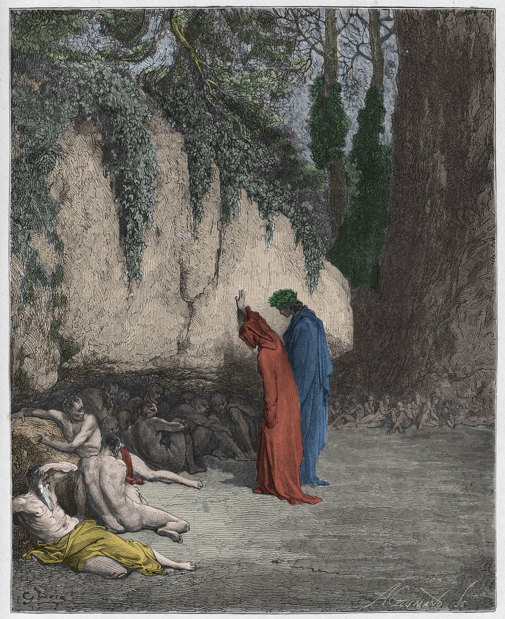 Purgatorio，Canto 4：岩石旁边的懒惰灵魂，来自The Danine Comedy by Dante Alighieri的插图，1885年（数字彩色雕刻） 作者 古斯塔夫之后多尔