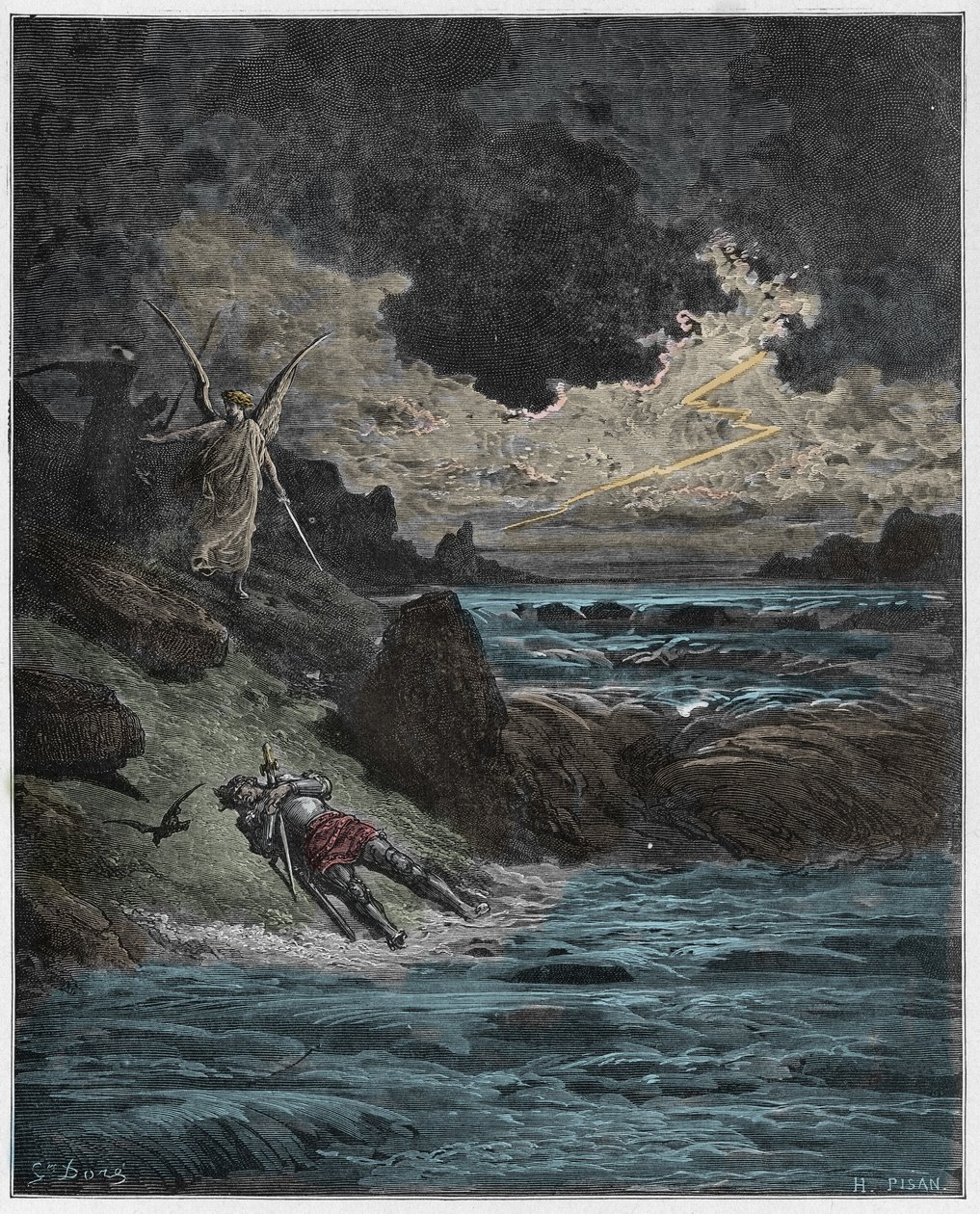 Purgatorio，Canto 5：Arno的Buonconte（Bonconte）da Montefeltro的身体，来自Dante Alighieri的The Divine Comedy的插图，1885年（数字彩色雕刻） 作者 古斯塔夫之后多尔