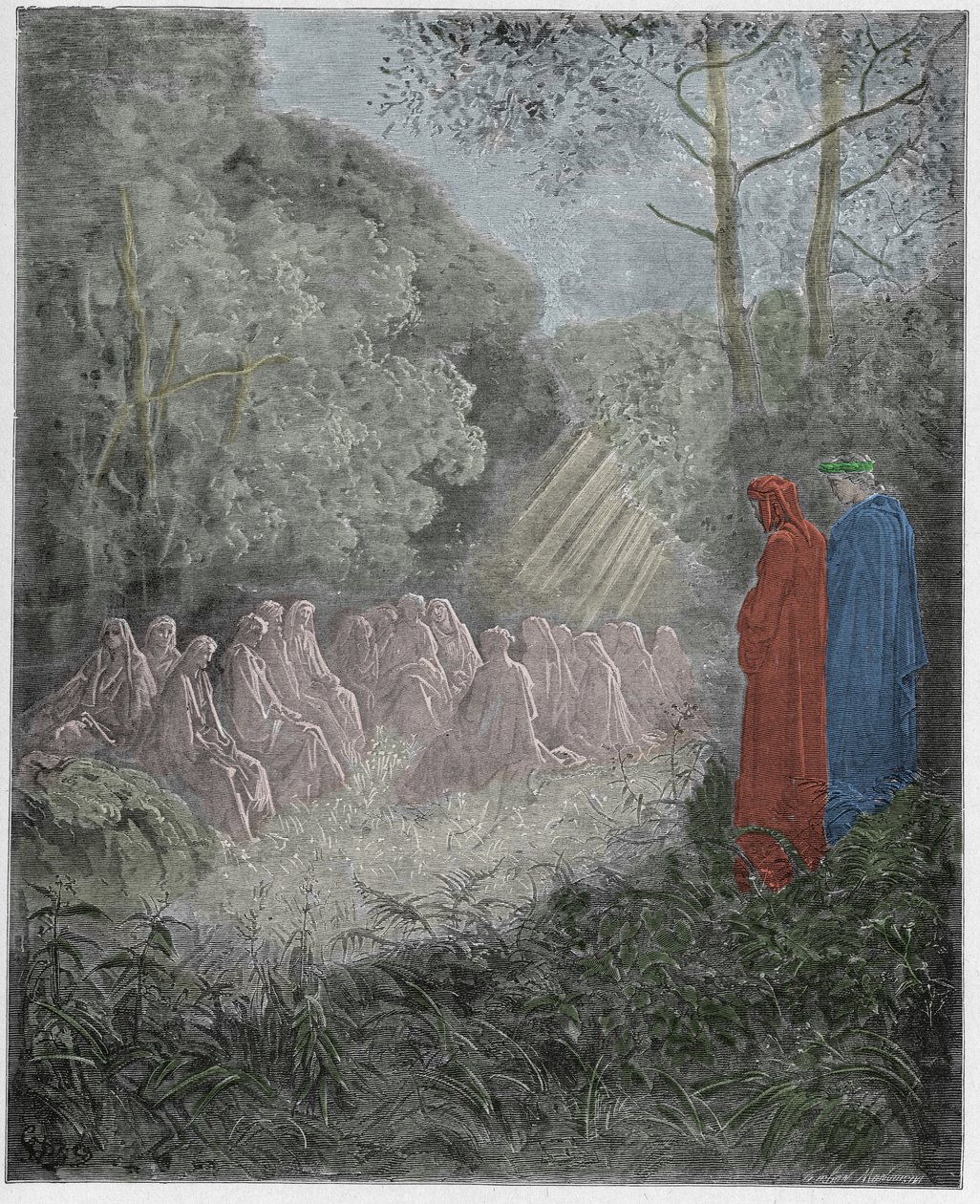 Purgatorio，Canto 7：精神在Dell中演唱Salve Regina，插图来自Dante Alighieri的The Divine Comedy，1885年（数字彩色雕刻） 作者 古斯塔夫之后多尔