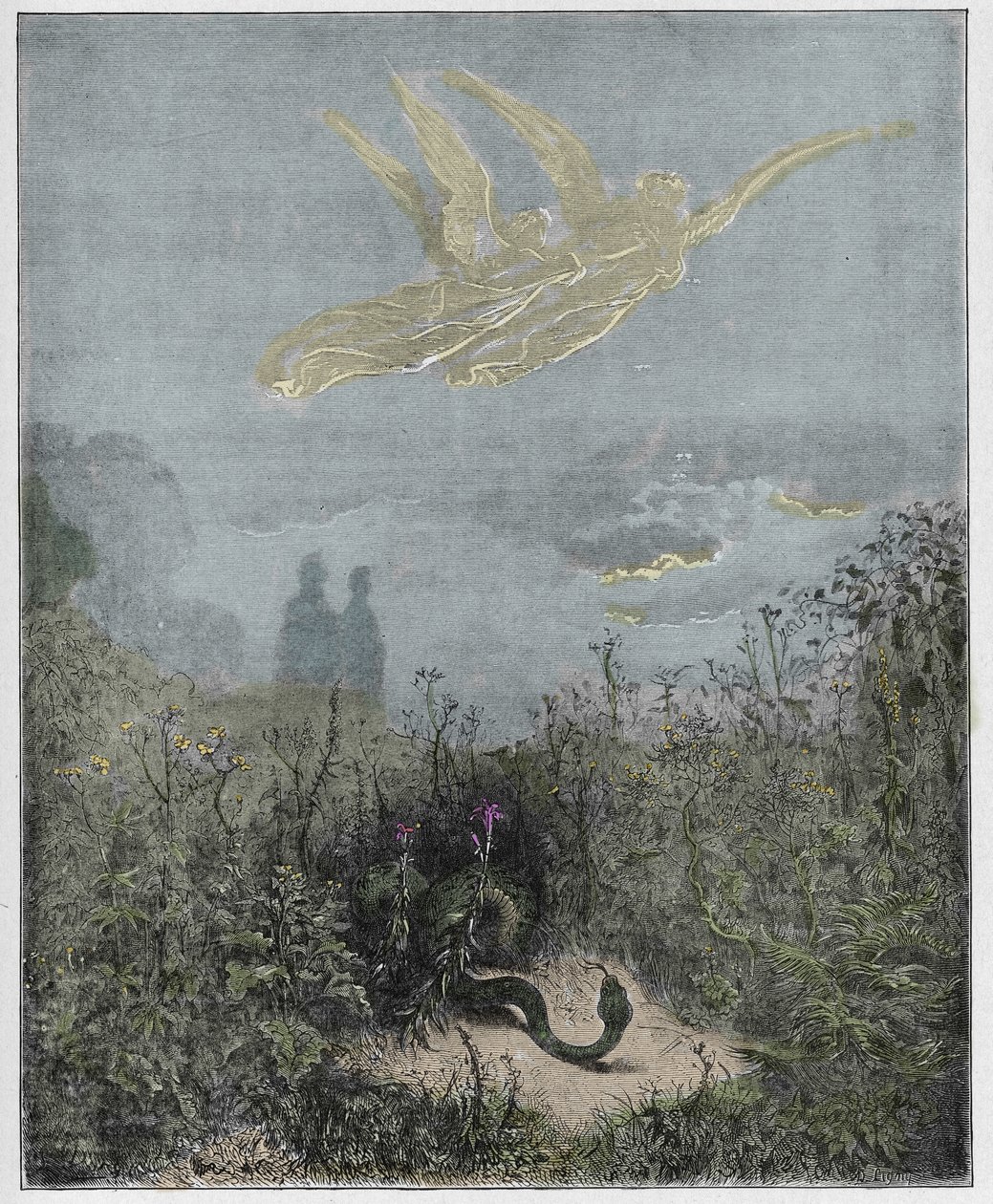 Purgatorio，Canto 8：天使驾驶蛇，1885年Dante Alighieri的神曲的插图（数字彩色雕刻） 作者 古斯塔夫之后多尔