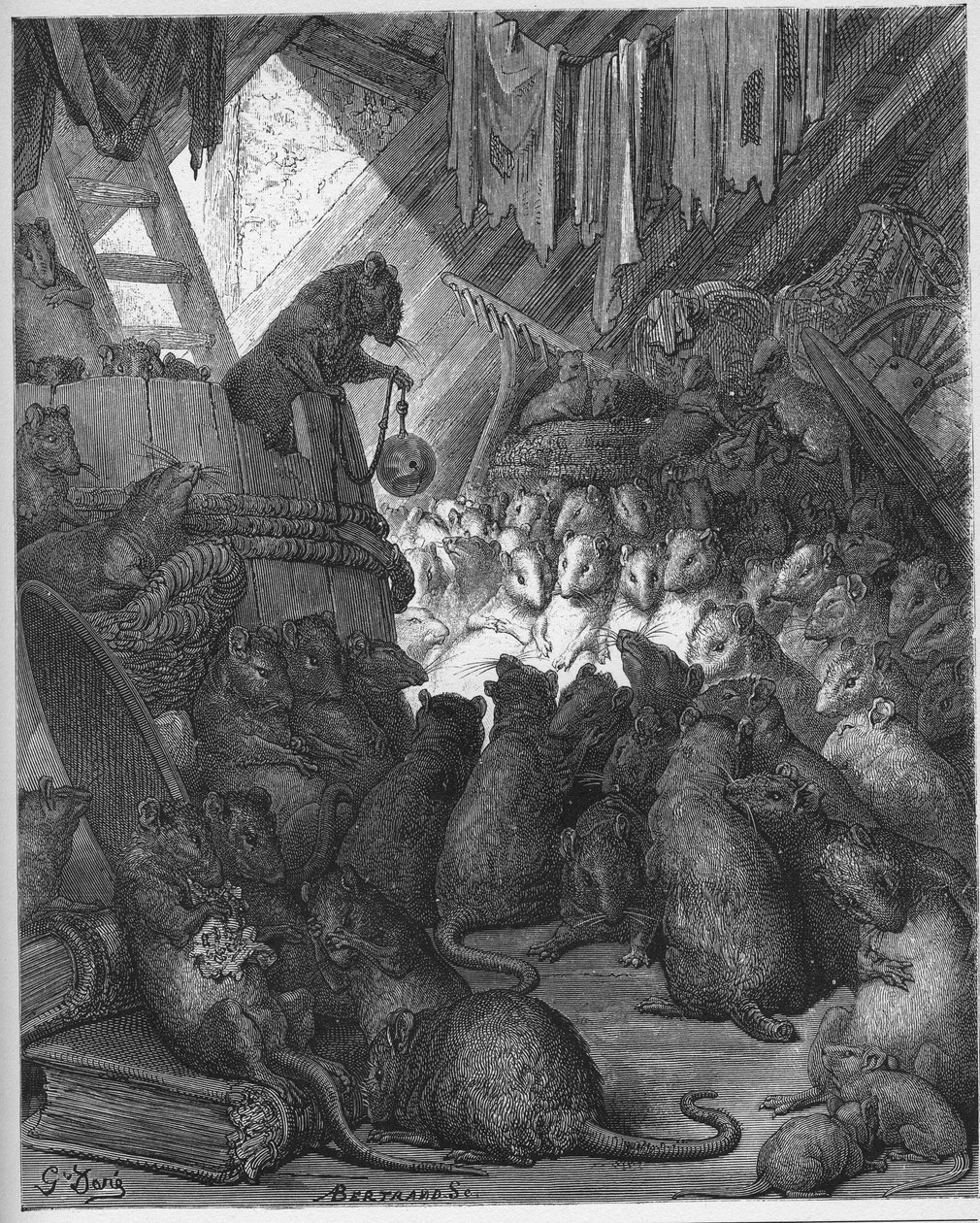 Conseil tenu par les rats - 老鼠开会 - 来自Jean de La Fontaine (Lafontaine) (1621-95)的《寓言》--根据Gustave Dore (1832-83)的作品雕刻 - 私人收藏 作者 古斯塔夫（之后）多尔