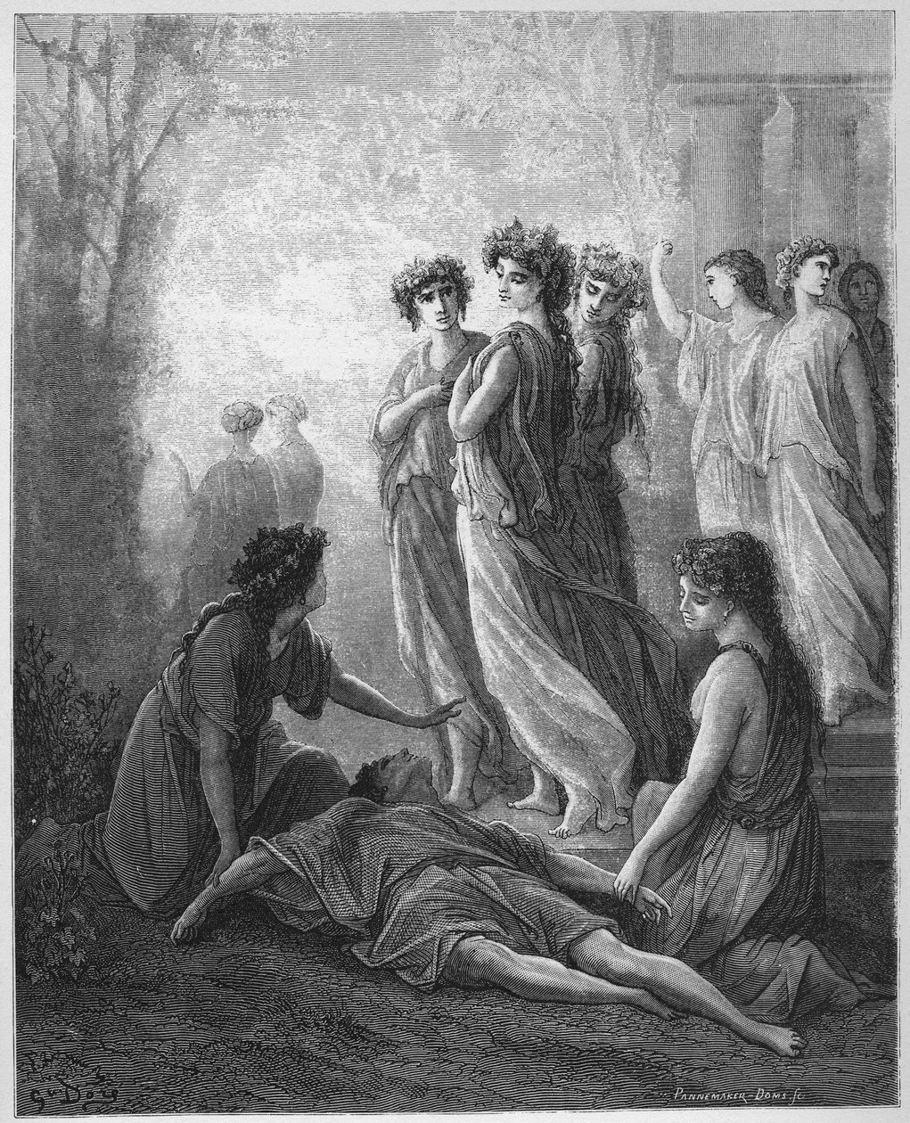 Daphnis et Alcimadure - Daphnis and Alcimaduro - 来自Jean de La Fontaine (Lafontaine) (1621-95)的《寓言》--根据Gustave Dore (1832-83)的作品雕刻 - 私人收藏 作者 古斯塔夫（之后）多尔