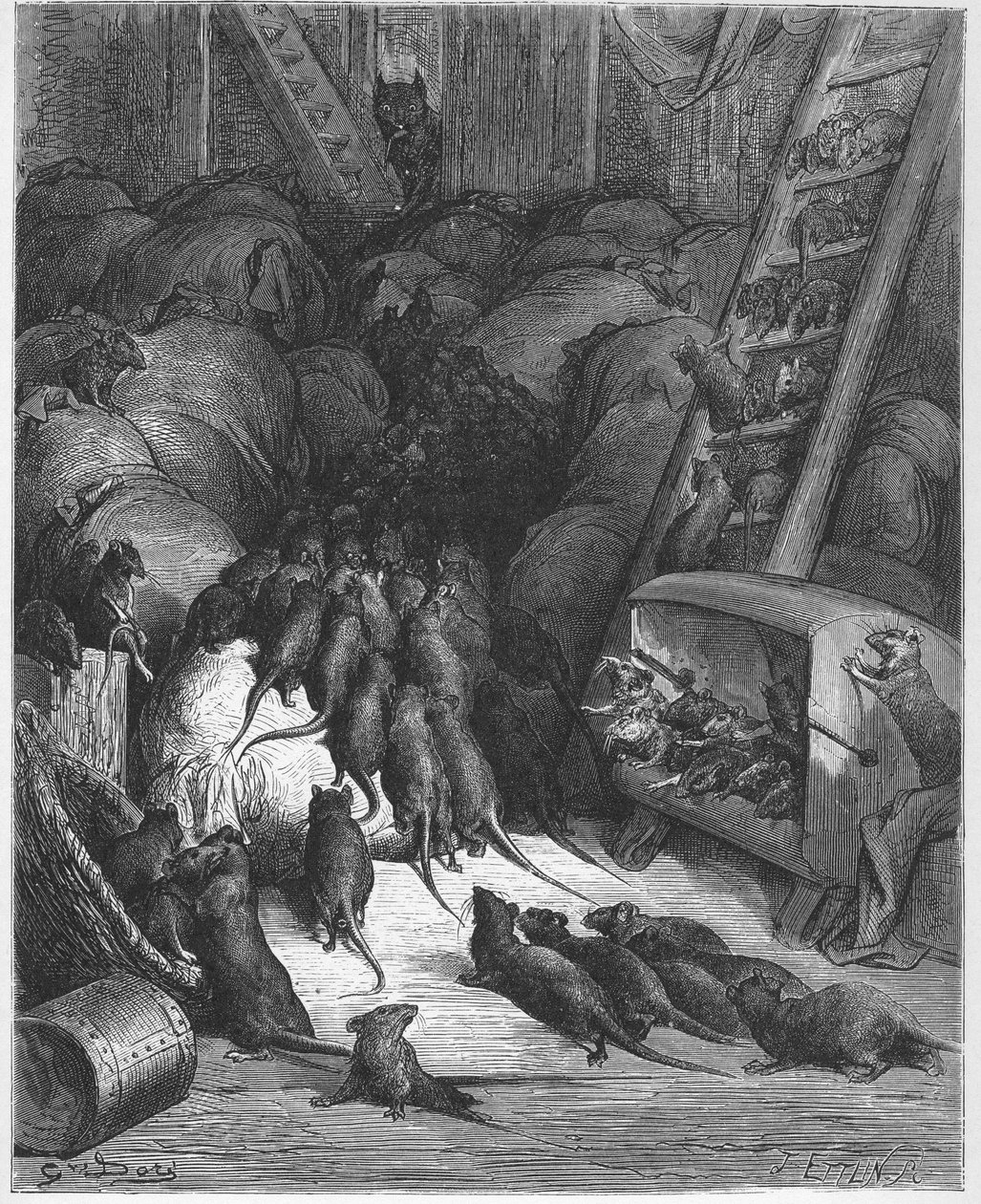 La Ligue des rats - The League Of Rats - 摘自Jean de La Fontaine (Lafontaine) (1621-95)的《寓言》--刻在Gustave Dore (1832-83)之后 - 私人收藏 作者 古斯塔夫（之后）多尔