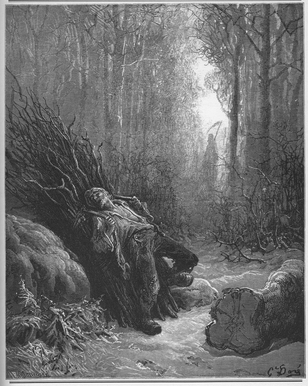 La Mort et le bucheron--死亡和樵夫--出自Jean de La Fontaine (Lafontaine) (1621-95)的《寓言》--根据Gustave Dore (1832-83)的作品雕刻--私人收藏 作者 古斯塔夫（之后）多尔