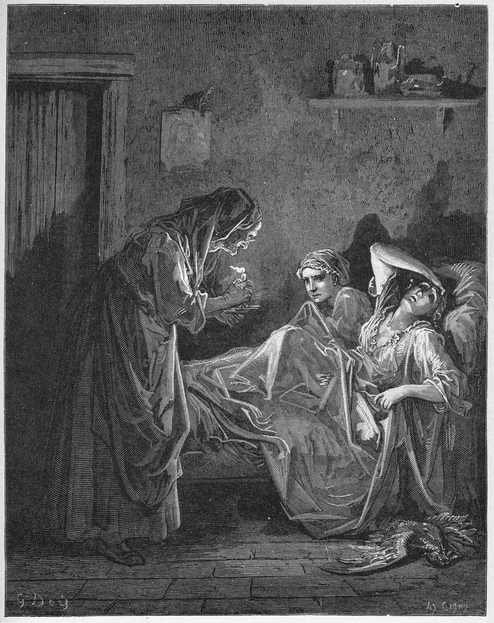 La Vieille et les deux Servantes - 老妇人和她的两个仆人 - 来自Jean de La Fontaine (Lafontaine)（1621-95）的《寓言》--根据Gustave Dore（1832-83）的作品雕刻 --私人收藏 作者 古斯塔夫（之后）多尔
